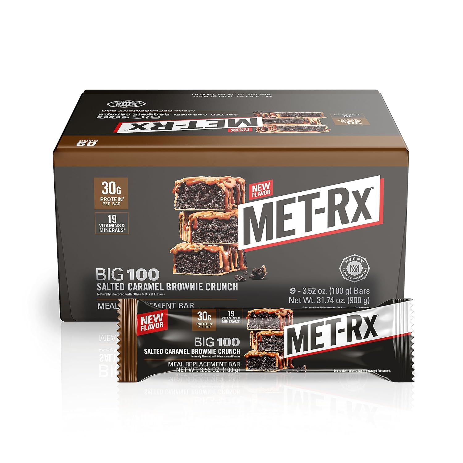 MET-Rx Big 100 Protein Bar, Meal Replacement Bar, 30G Protein, Salted Caramel Brownie Crunch, 9 Count, 3.52 Oz.(Packaging may vary) - Image 2