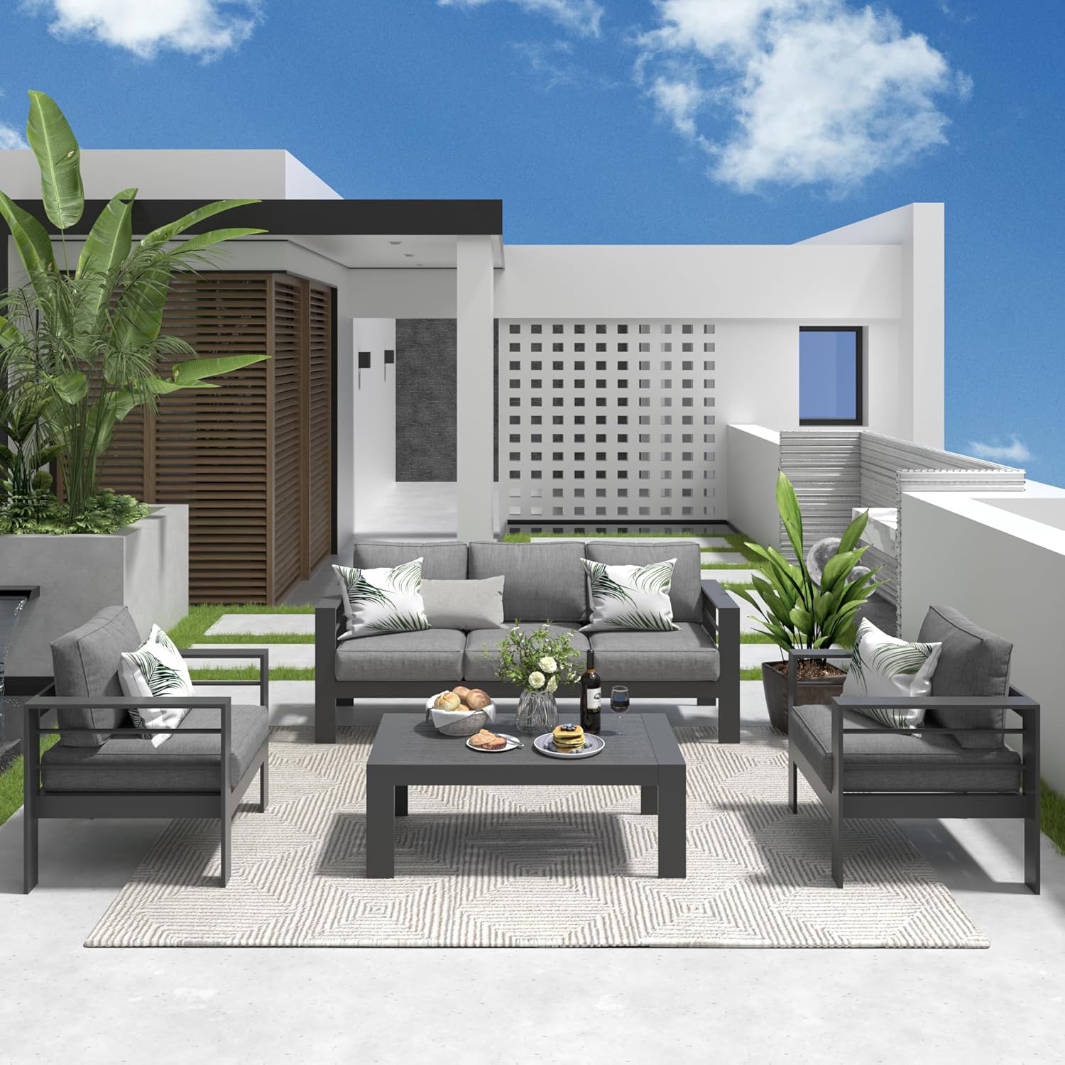 Solaste Aluminum Patio Furniture Set, 5 Seats Modern Outdoor Conversation Set Sectional Sofa with Upgrade Cushion and Coffee Table,Grey - Image 2