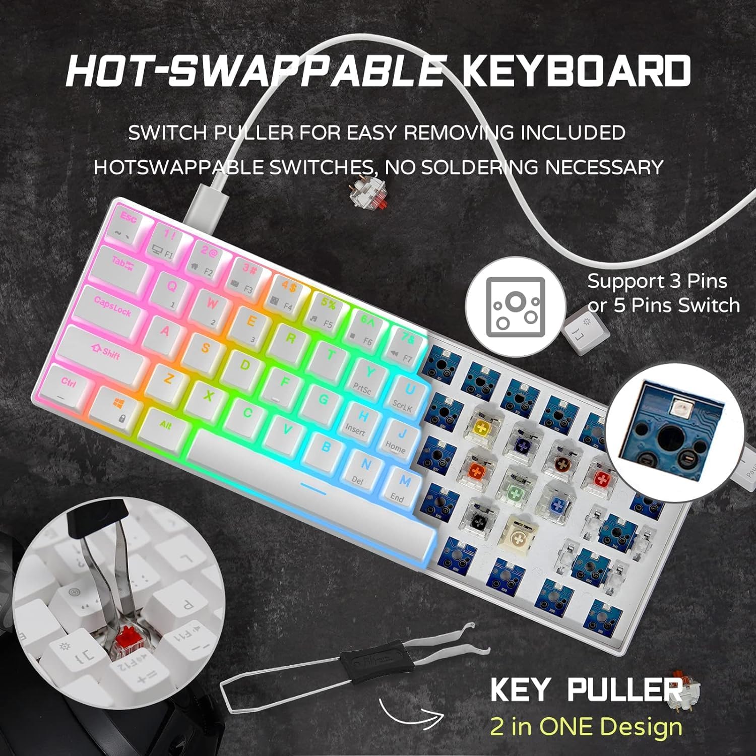 RK ROYAL KLUDGE RK61 Wired 60% Mechanical Gaming Keyboard Programmable QMK/VIA RGB Backlit 61 Keys Ultra-Compact Hot Swappable Red Switch White - Image 4