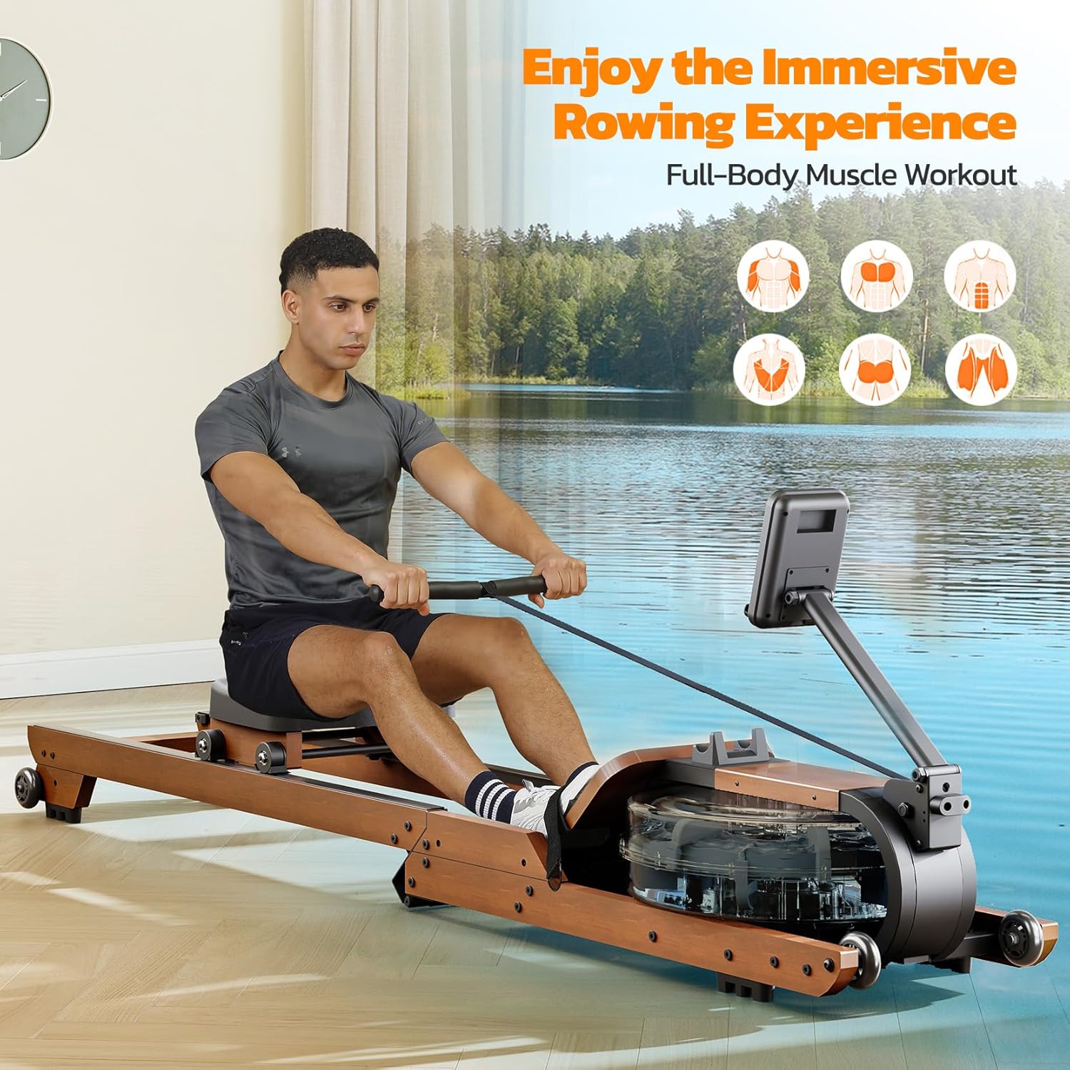 Dripex Rowing Machines for Home Foldable, Water Rowing Machine Max 350 LBS, Water Rower with Smooth Slide Rail, Comfortable Seat, Bluetooth App Supported, LCD Monitor, Wooden Row Machine for Home Gym - Image 3