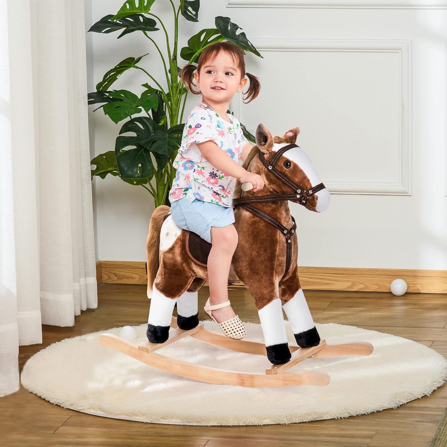 Qaba Kids Rocking Horse Plush Ride On Toy Toddler Rocker for Boys Girls Gifts with Realistic Sounds, Brown - Image 3