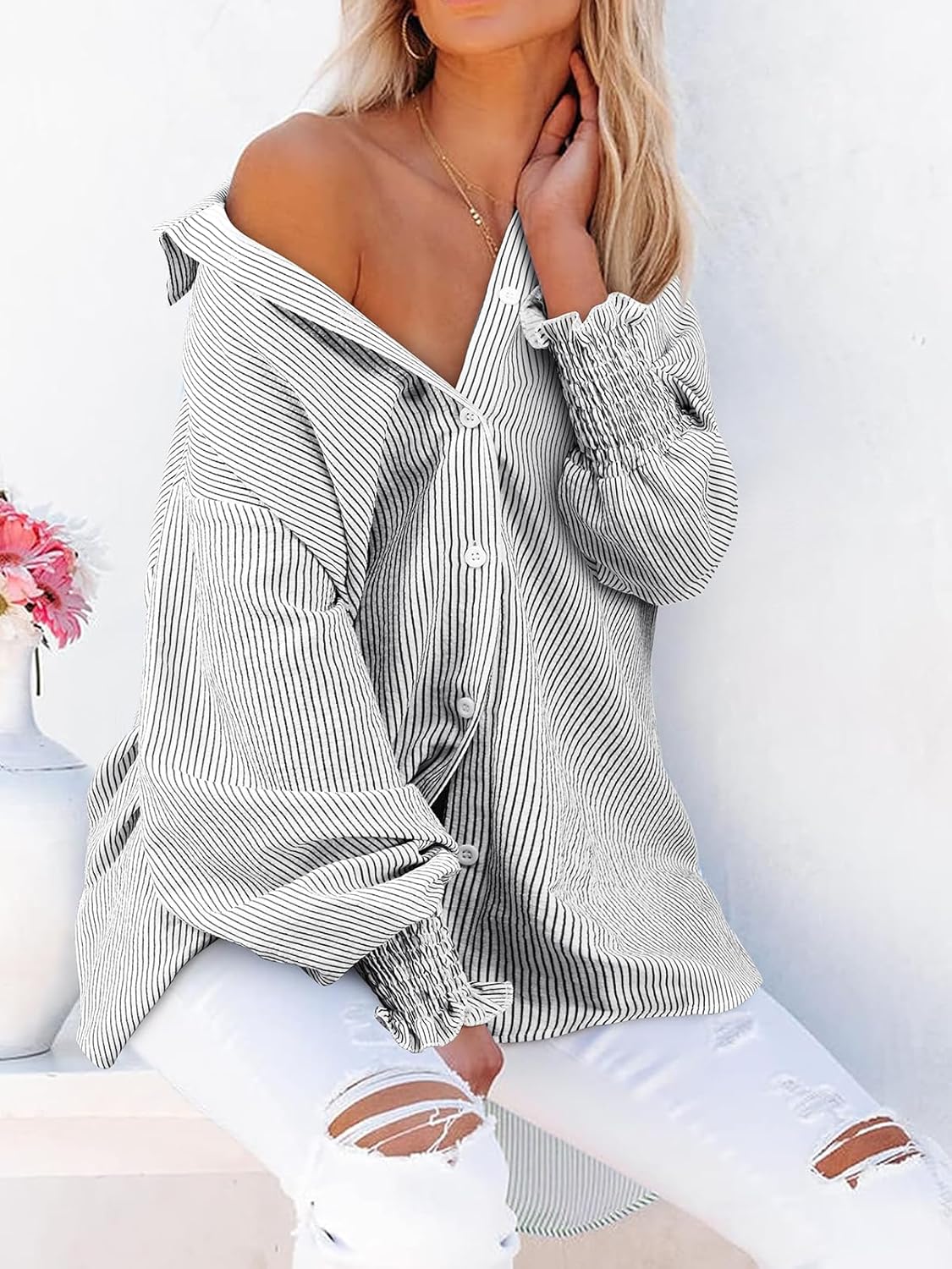 Women's Striped Button Down Shirts Long Sleeve Smocked Cuffed Oversized Boyfriend Blouses Collared Business Work Tops - Image 5