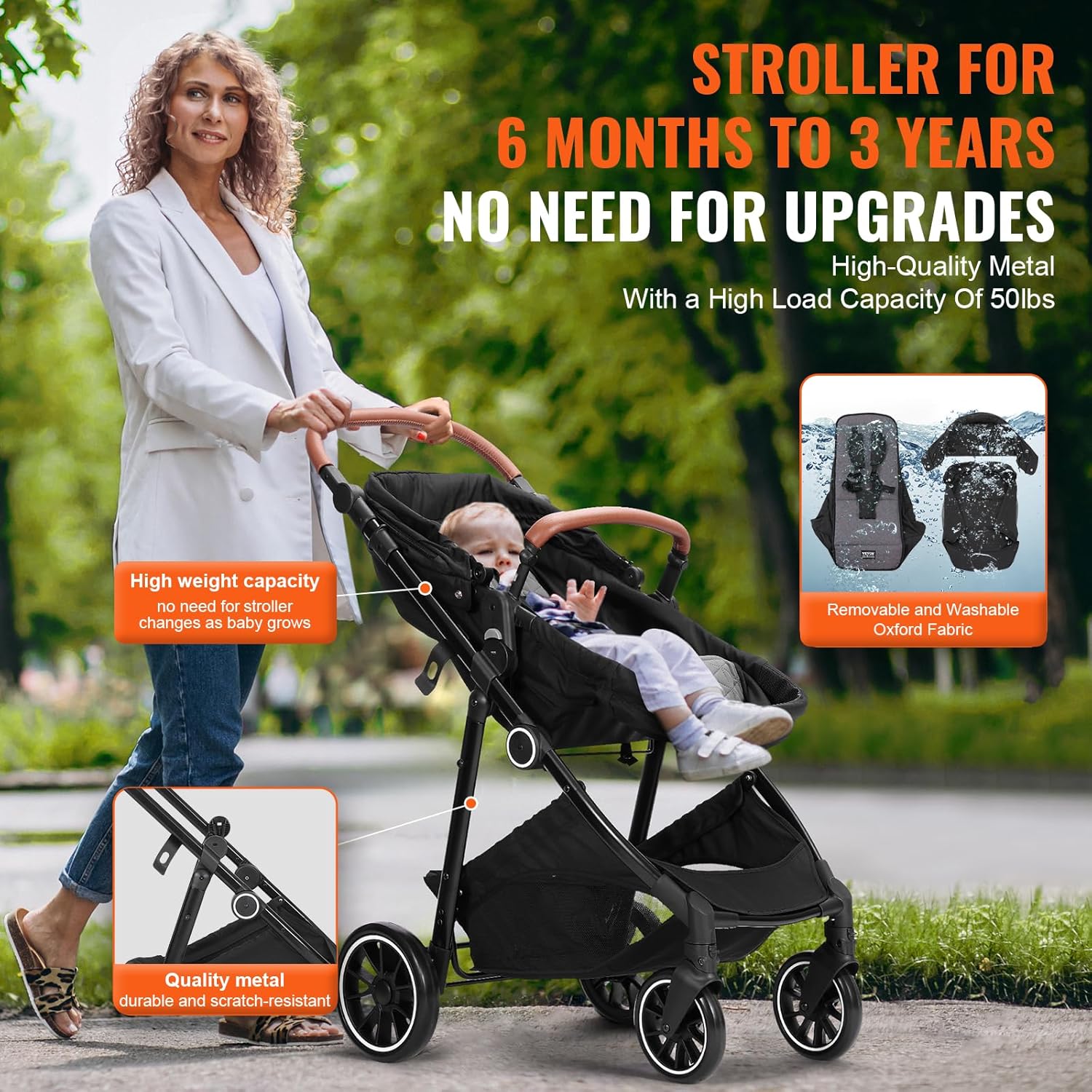 VEVOR Standard Baby Stroller, Infant Toddler Stroller with Bassinet, 3rd-Gear Adjustable Backrest & Foldable & Reversible Seat, Carbon Steel Newborn Stroller with Leg Cover and Mesh Net, Black - Image 6