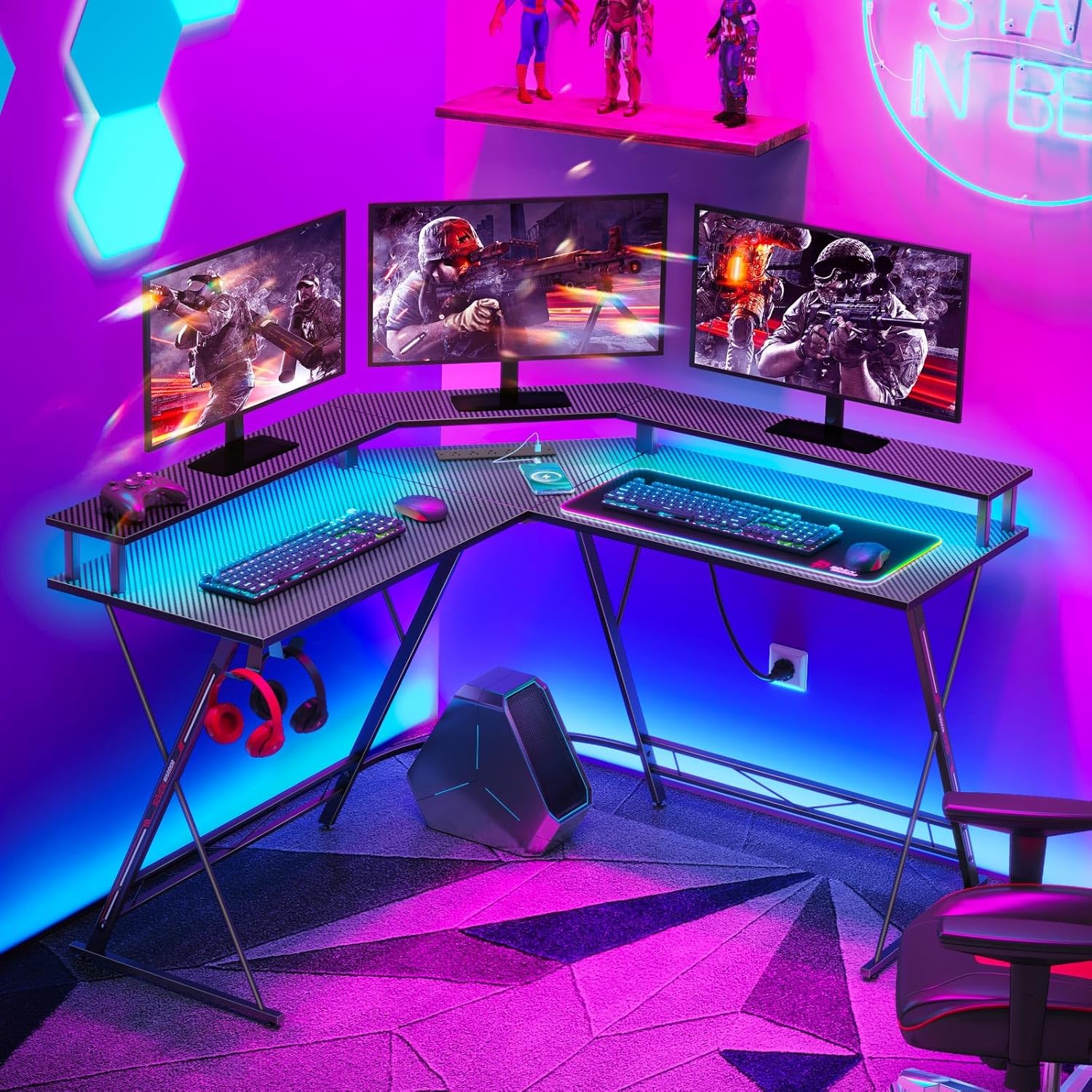 SEVEN WARRIOR L Shaped Gaming Desk with LED Lights & Power Outlets, 50.4” Computer Desk with Monitor Stand, Corner Desk with Carbon Fiber Surface, Gaming Table with Hooks, Black - Image 3
