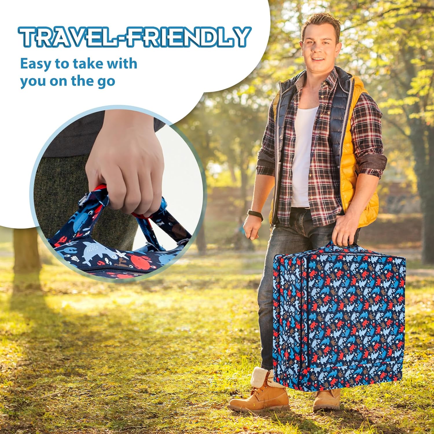 100% Cotton Inner Portable Foldable Toddler Travel Bed - Soft Foam Floor Bed with Washable Cover, Safe and Comfortable Toddler Crib, Ocean Blue - Image 4