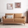 63" Faux Leather Loveseat Sofa, Mid-Century Modern Decor 2 Seater Love Seat Couches, Comfy Armrest Small Couch with Wood Grain Legs for Living Room Apartment, Tan Leather - Image 4