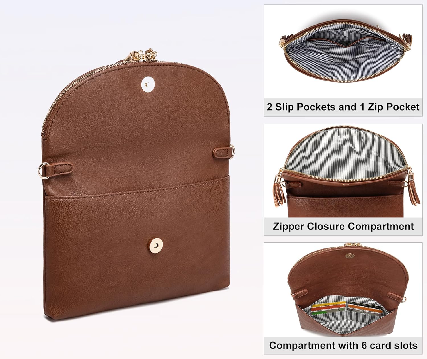 Solene Womens Envelop Clutch Purse Multi Compartments, 6 Card Slot Inside, Crossbody Bag With Tassels - Image 7