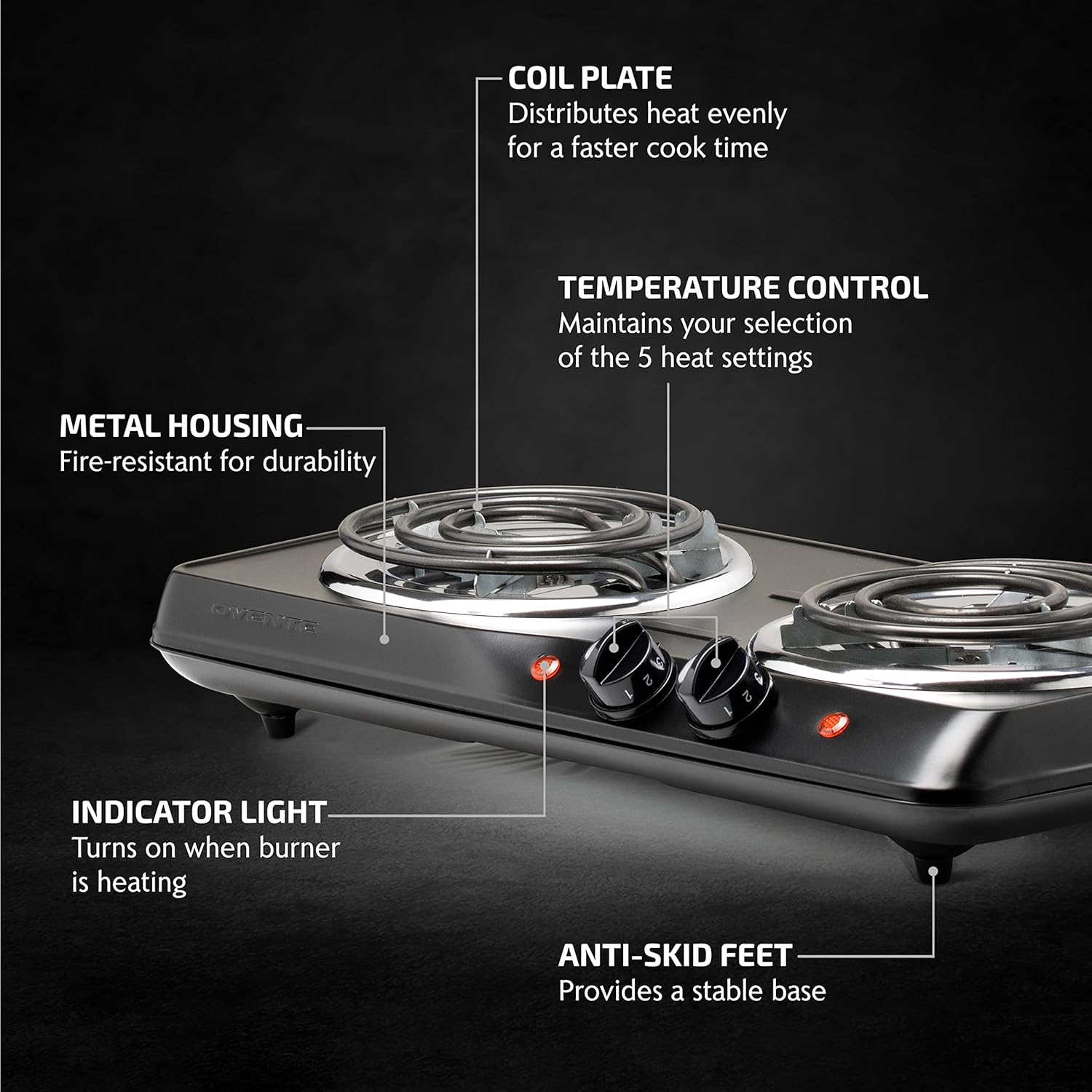 OVENTE Electric Countertop Double Burner, 1700W Cooktop with 6" and 5.75" Stainless Steel Coil Hot Plates, 5 Level Temperature Control, Indicator Lights and Easy to Clean Cooking Stove, Black BGC102B - Image 3