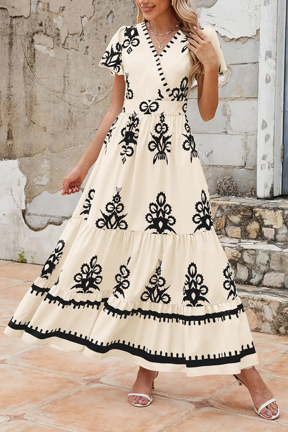 PRETTYGARDEN Womens Summer Casual V Neck Boho Maxi Dress Flowy Aline Bell Sleeve Tiered Floral Dresses with Pocket - Image 8