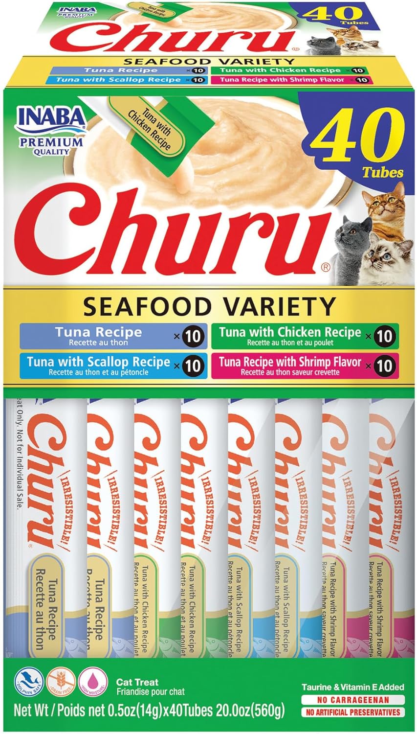 INABA Churu Cat Treats, Grain-Free, Lickable, Squeezable Creamy Purée Cat Treat/Topper with Vitamin E & Taurine, 0.5 Ounces Each, 40 Tubes, Tuna & Seafood Variety Box - Image 2