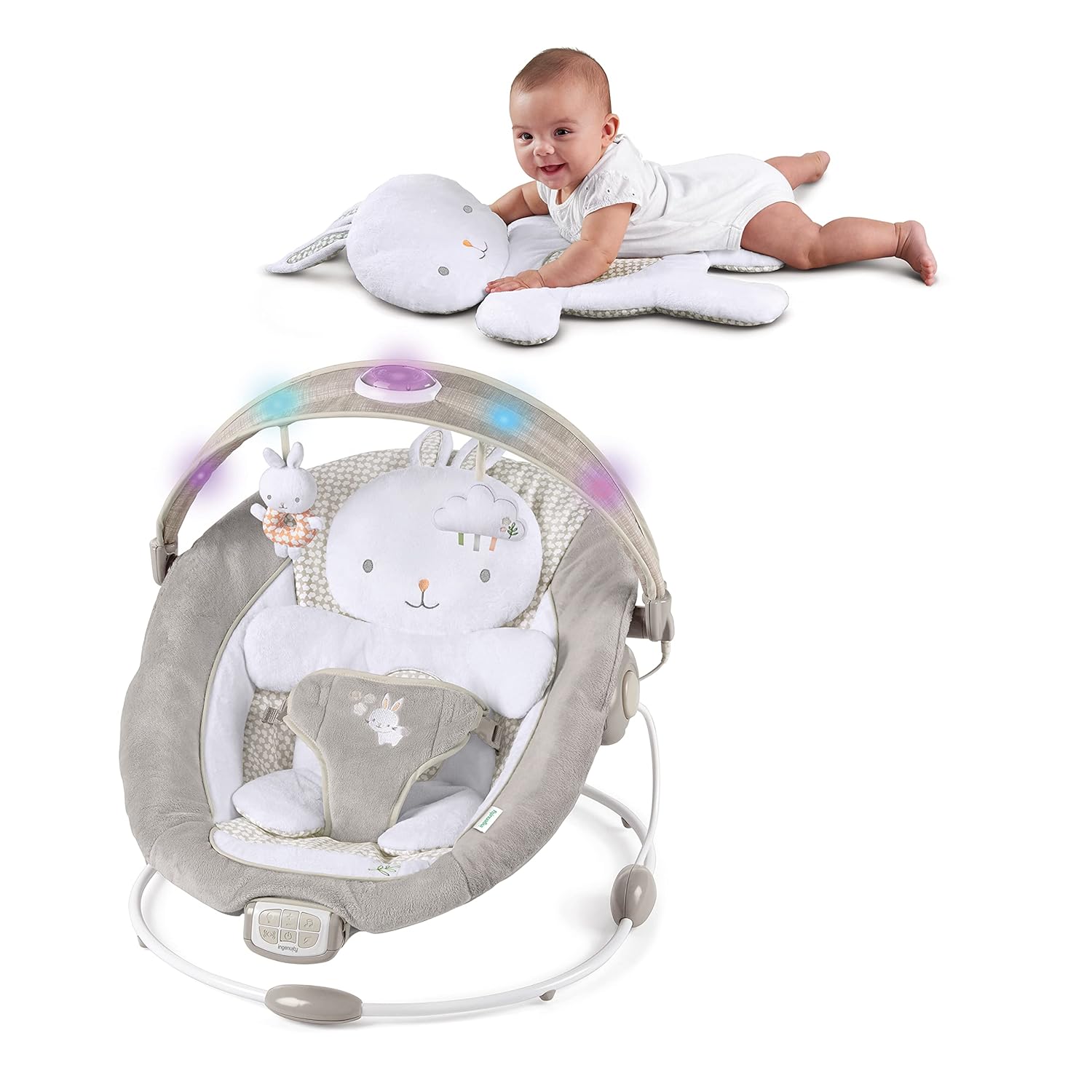 Ingenuity InLighten Baby Bouncer Infant Seat with Light Up -Toy Bar, Vibrations, Tummy Time Pillow & Sounds, 0-6 Months Up to 20 lbs (Twinkle Tails Bunny) - Image 16
