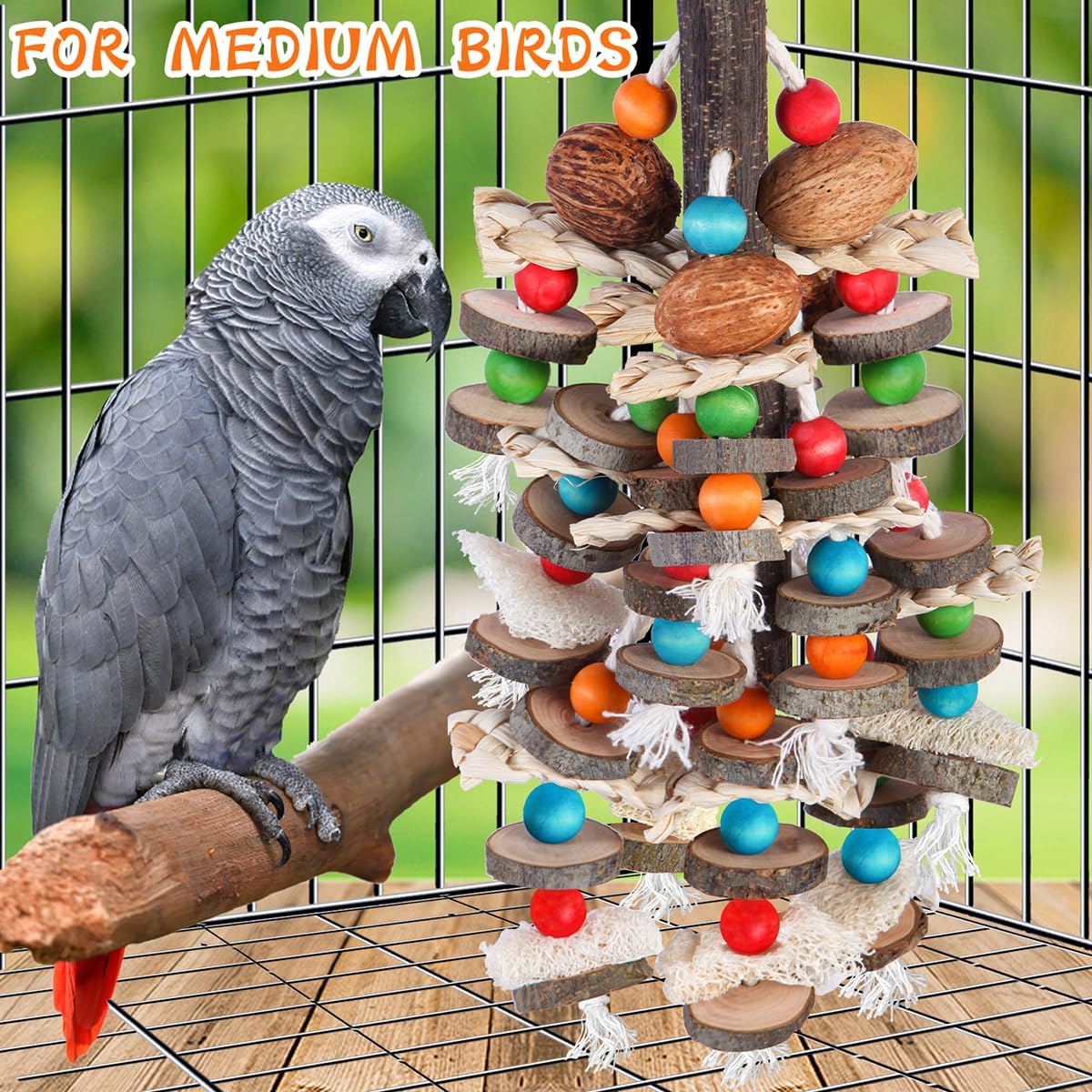 BBjinronjy Large Parrot Toys Bird Chewing Toys-Natural Nuts Corn Loofah Wooden Bird Cage Toy for African Grey,Macaws,Conure,Cokatoos,Cockatiel,Amazon Parrots and Other Medium and Small Birds - Image 6