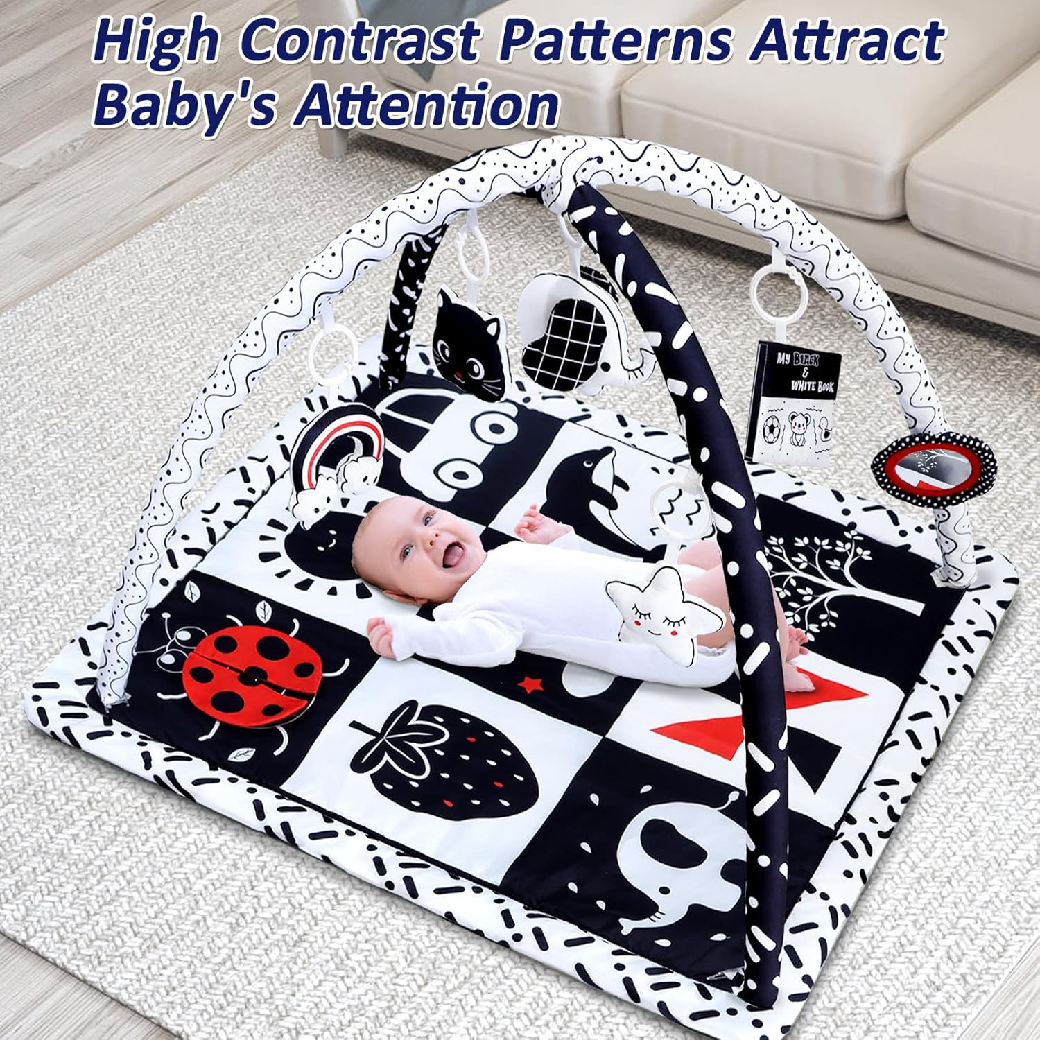 Black and White Baby Gym Play Mat with 6 Toys Tummy Time Activity Mat for Babies 0-6 6-12 Months High Contrast Baby Gyms & Playmats Sensory Toys Newborn Brain Development Infant Play Mat Baby Gifts - Image 3