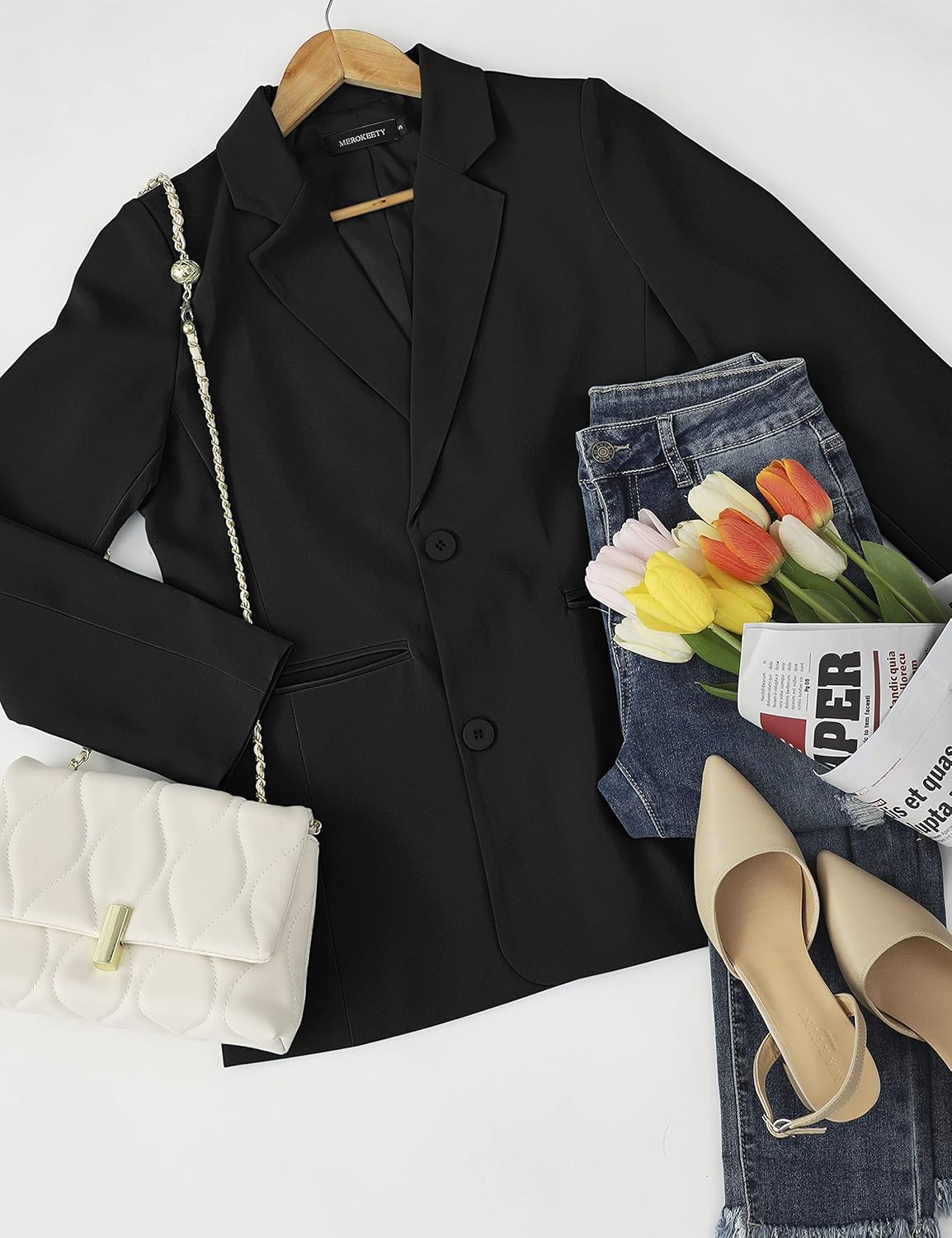 MEROKEETY Women's 2024 Fall Casual Blazers Long Sleeve Lapel Open Front Button Work Blazer Jackets with Pockets - Image 6