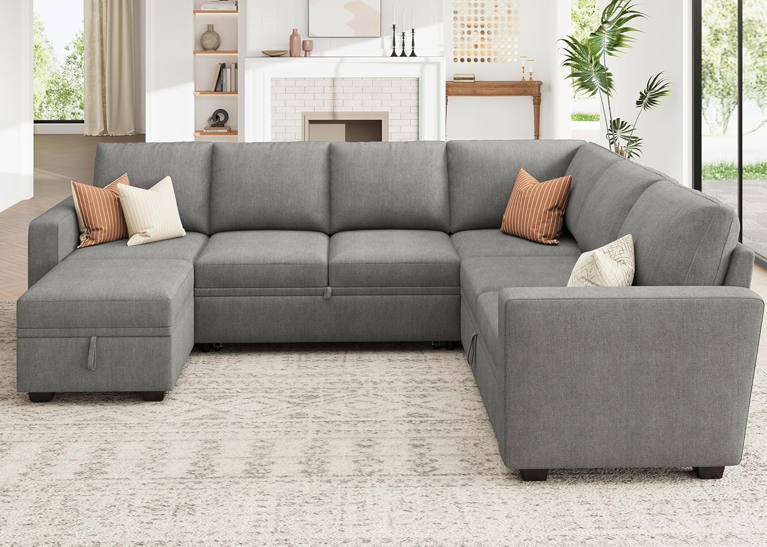 HONBAY Modular Sectional Sleeper Sofa with Pull Out Bed, Chenille Sectional Couch with Storage Seats Ottoman, U Shaped Couches for Living Room, Warm Grey - Image 8