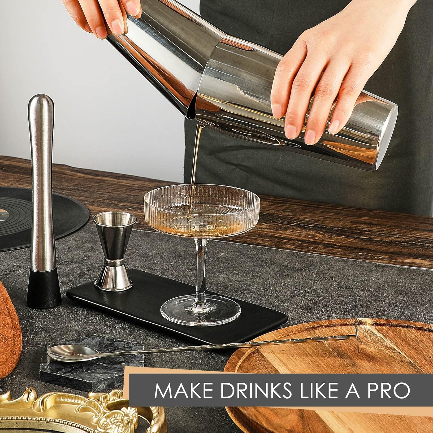 Stainless Steel Cocktail Shaker Set - 16 Pcs Including Boston Shaker, Muddler, Double Measuring Jigger, Mixing Spoon - Bar Accessories for Home Bar & Wine Lovers Gift - Image 6