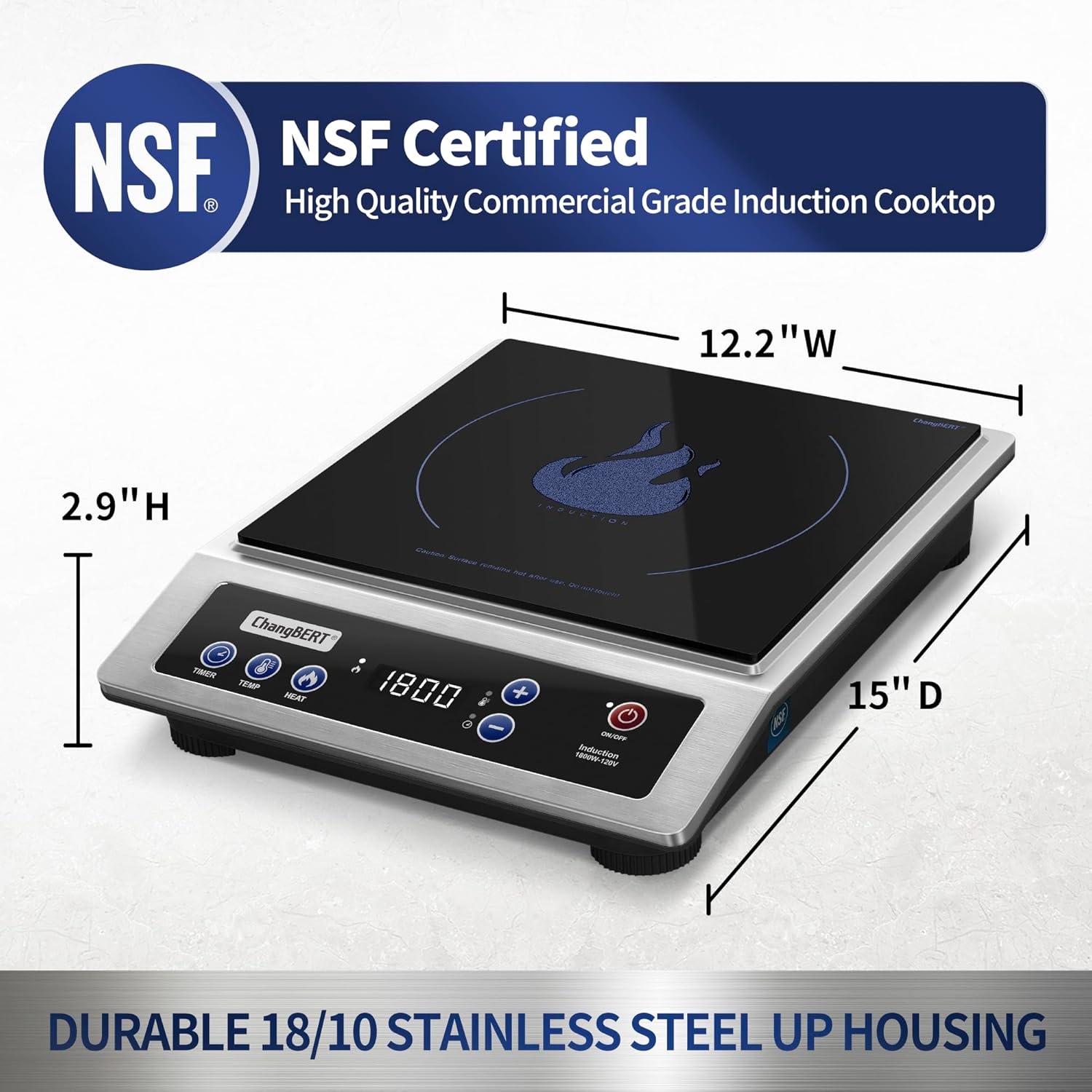 Induction Cooktop, Commercial Grade Portable Cooker, Large 8” Heating Coil, 18/10 Stainless Steel Countertop Burner with NSF Certified, 10 Hours Timer, Powerful 1800W Professional Hot Plate - Image 4