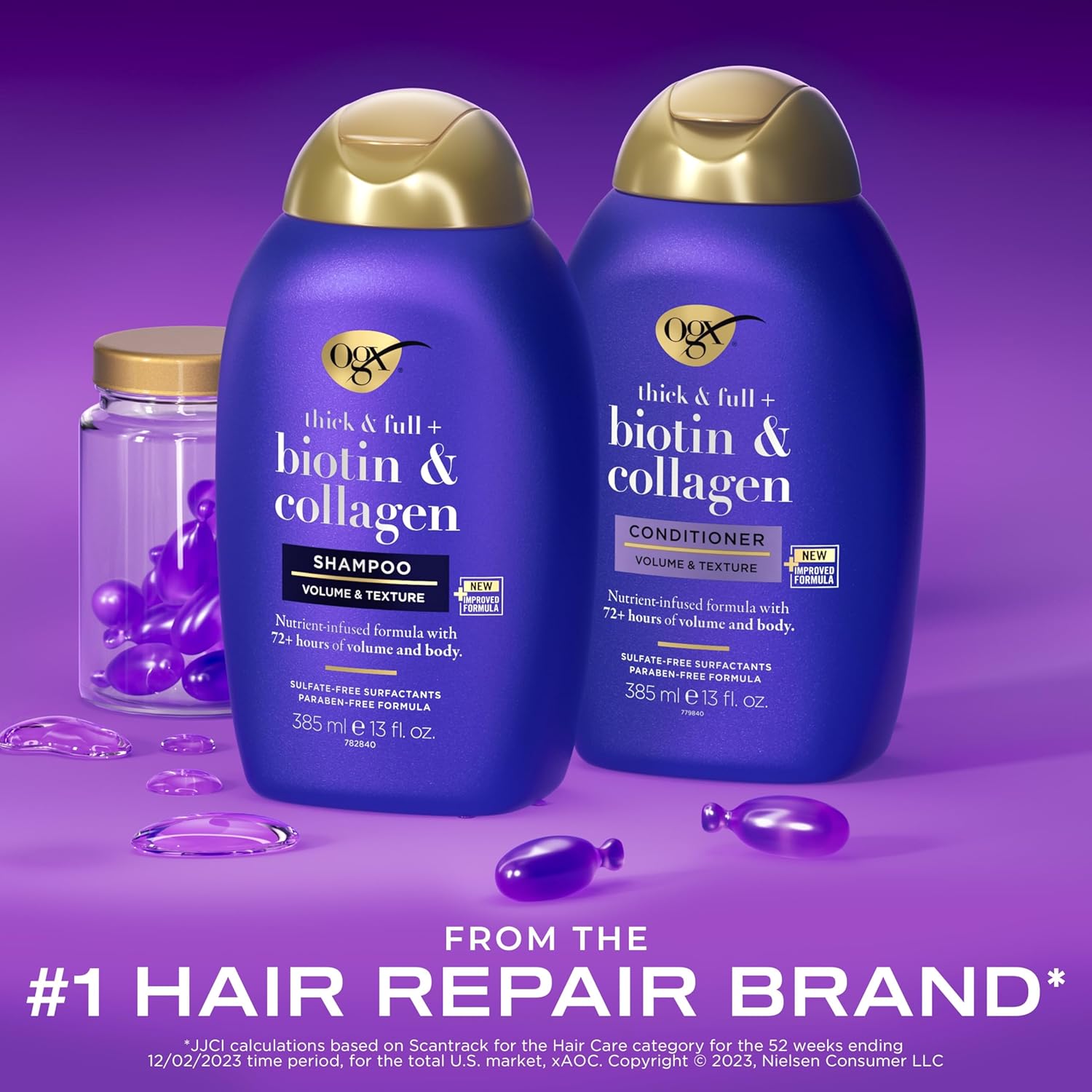 OGX Thick & Full + Biotin & Collagen Shampoo & Conditioner Set, (packaging may vary), Purple, 13 Fl Oz (Pack of 2) - Image 3