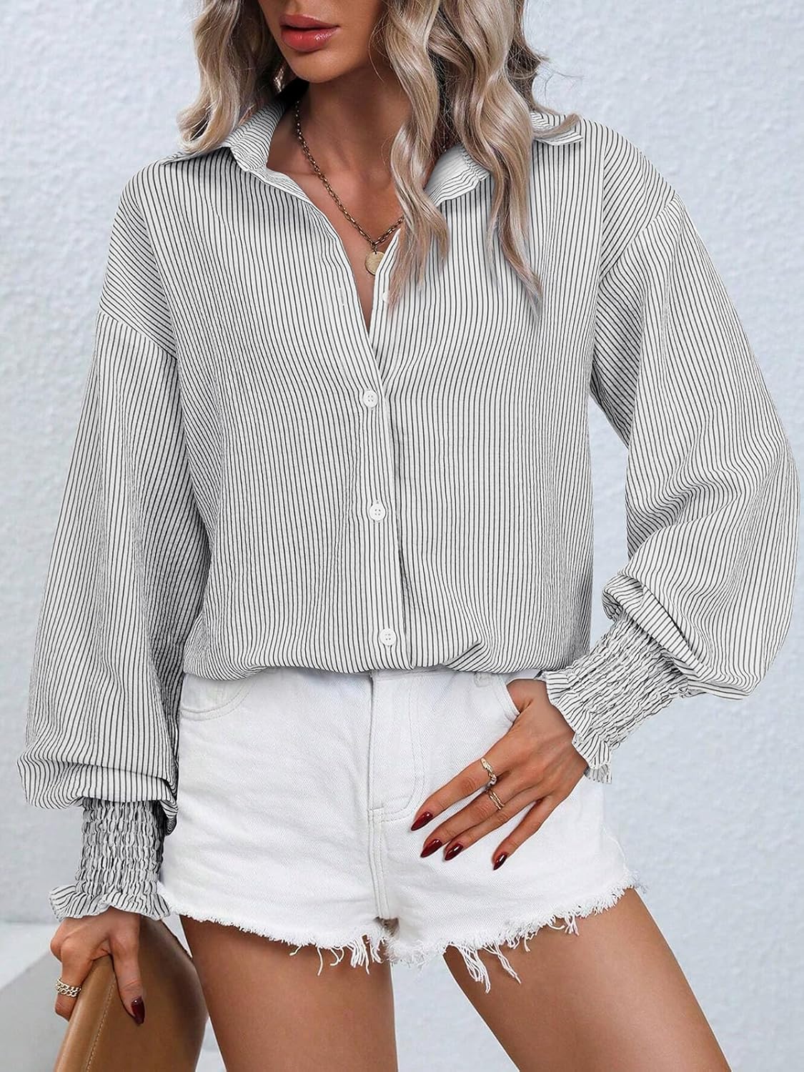Women's Striped Button Down Shirts Long Sleeve Smocked Cuffed Oversized Boyfriend Blouses Collared Business Work Tops - Image 4