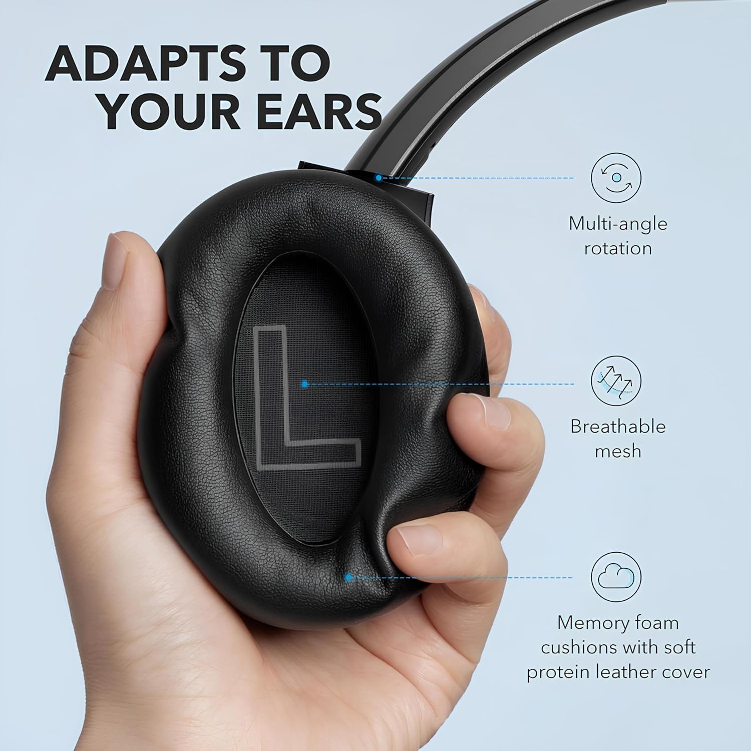 Soundcore Anker Life Q20 Hybrid Active Noise Cancelling Headphones, Wireless Over Ear Bluetooth Headphones, 60H Playtime, Hi-Res Audio, Deep Bass, Memory Foam Ear Cups, Travel, Office, USB-C Charging - Image 6