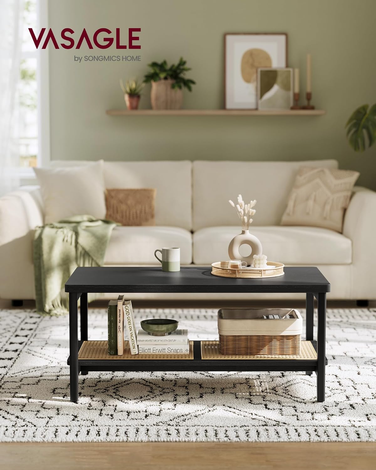 VASAGLE 2-Tier Coffee Table for Living Room, Living Room Table Rectangular Center Table, with PVC Rattan Storage Shelf, Rounded Corners, Easy Assembly, Boho Style, Ash Black ULCT240B21 - Image 3
