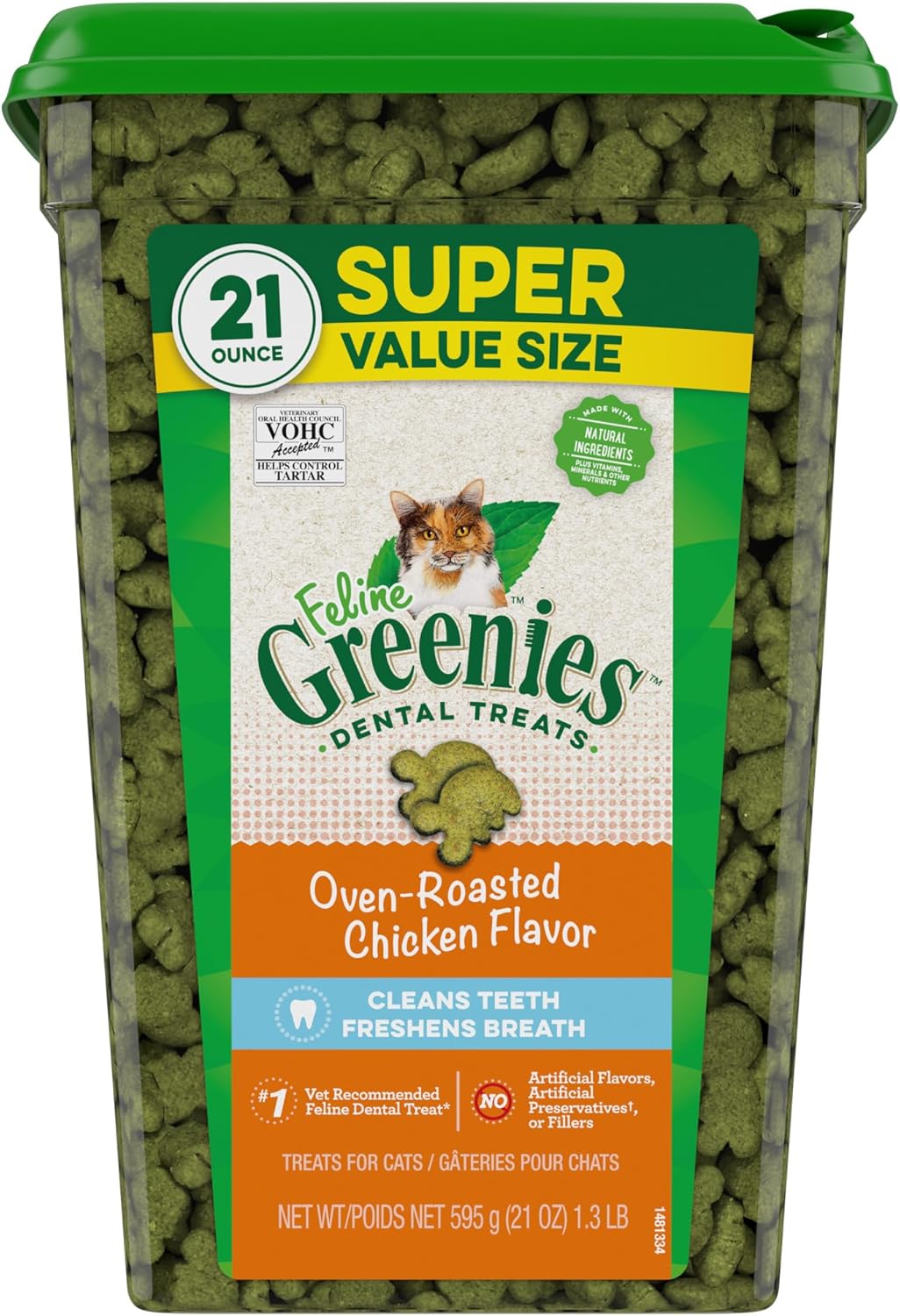 Greenies Feline Natural Dental Care Cat Treats Oven Roasted Chicken Flavor, 21 oz. Tub - Image 2