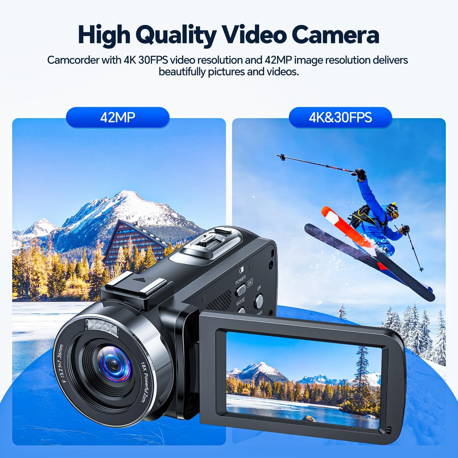 4K Video Camera Camcorder 42MP YouTube Vlogging Camera 18X Digital Zoom Webcam 3.0 Inch 270 Degree Rotation Screen Camcorders with 32G SD Card and 2 Batteries Recording While Charging - Image 3