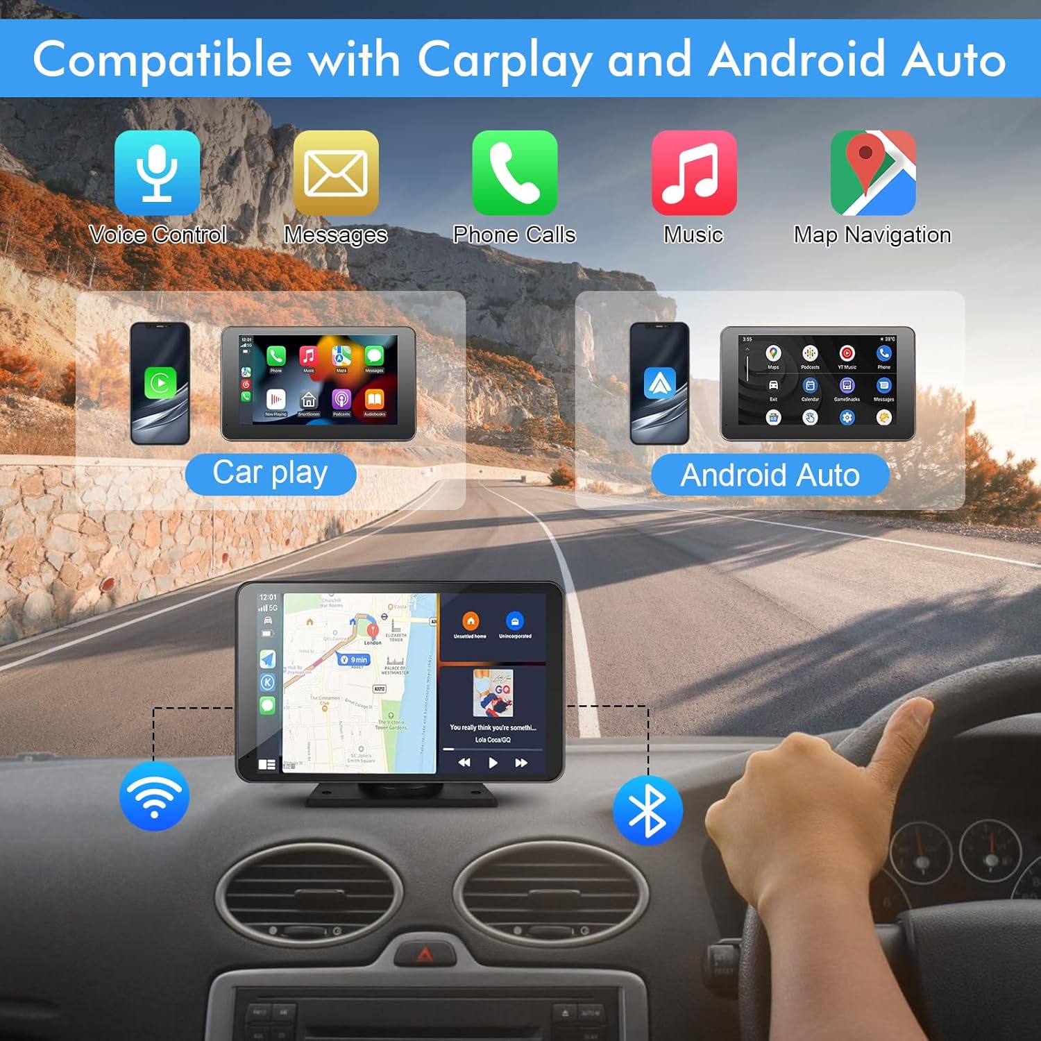 7" HD Portable Carplay Wireless Touch Screen Double Din Car Stereo Compatible Apple Carplay and Android Auto with GPS Navigation, Voice Control, Mirror Link, Bluetooth - Image 3
