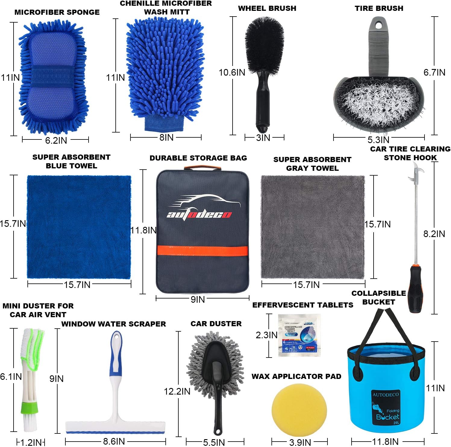 AUTODECO 22Pcs Car Wash Cleaning Tools Kit Car Detailing Set with Blue Canvas Bag Collapsible Bucket Wash Mitt Sponge Towels Tire Brush Window Scraper Duster Complete Interior Car Care Kit - Image 8