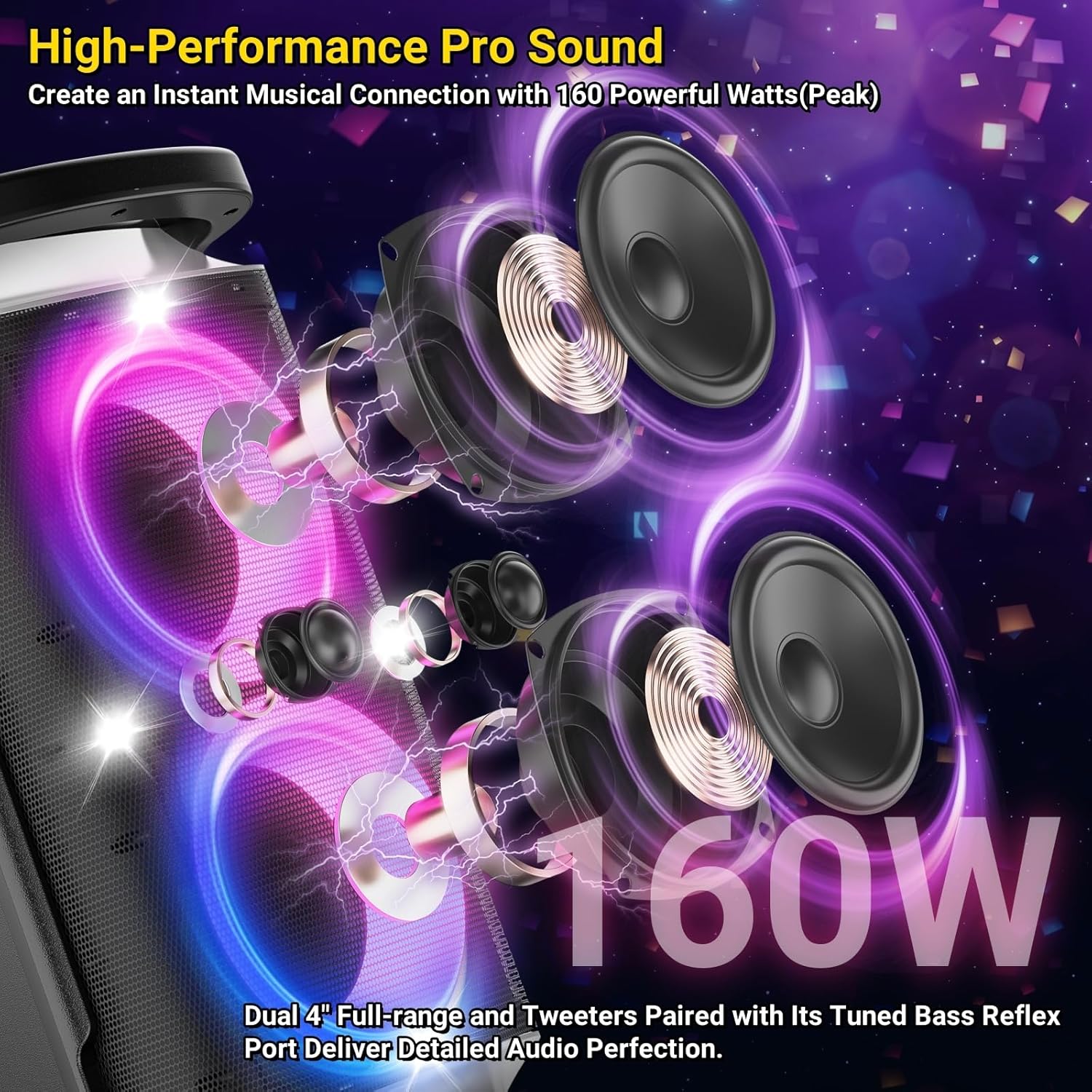 Portable Bluetooth Party Speaker: 160W Peak Powerful Loud Sound Deep Bass Wireless Boombox Large Subwoofer 15 Hours Battery Life Fast Charging with Led Light Show for Outdoor Camping Backyard - Image 2