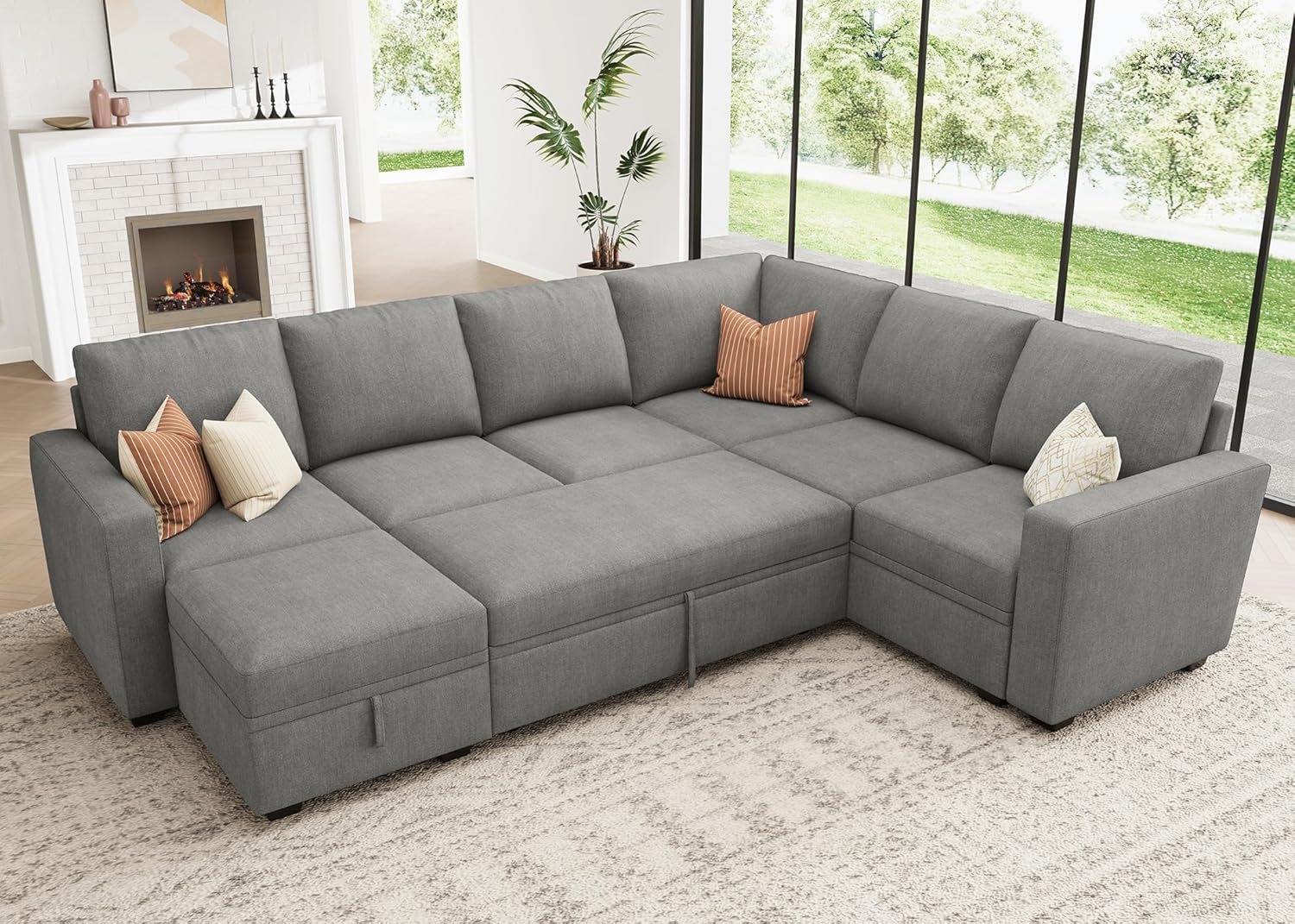 HONBAY Modular Sectional Sleeper Sofa with Pull Out Bed, Chenille Sectional Couch with Storage Seats Ottoman, U Shaped Couches for Living Room, Warm Grey - Image 2
