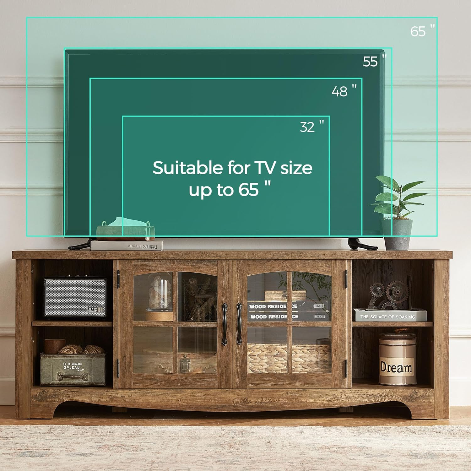 LINSY HOME Farmhouse TV Stand for 65 Inch TV, Wood Entertainment Center with Glass Door Storage Cabinet & Adjustable Shelves, Large Sturdy Console Table for Living Room & Bedroom - Image 7