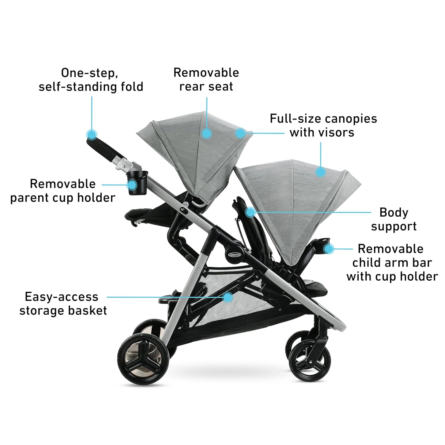 Graco Ready2Grow LX 2.0 Double Stroller Features Bench Seat and Standing Platform Options, Clark - Image 7