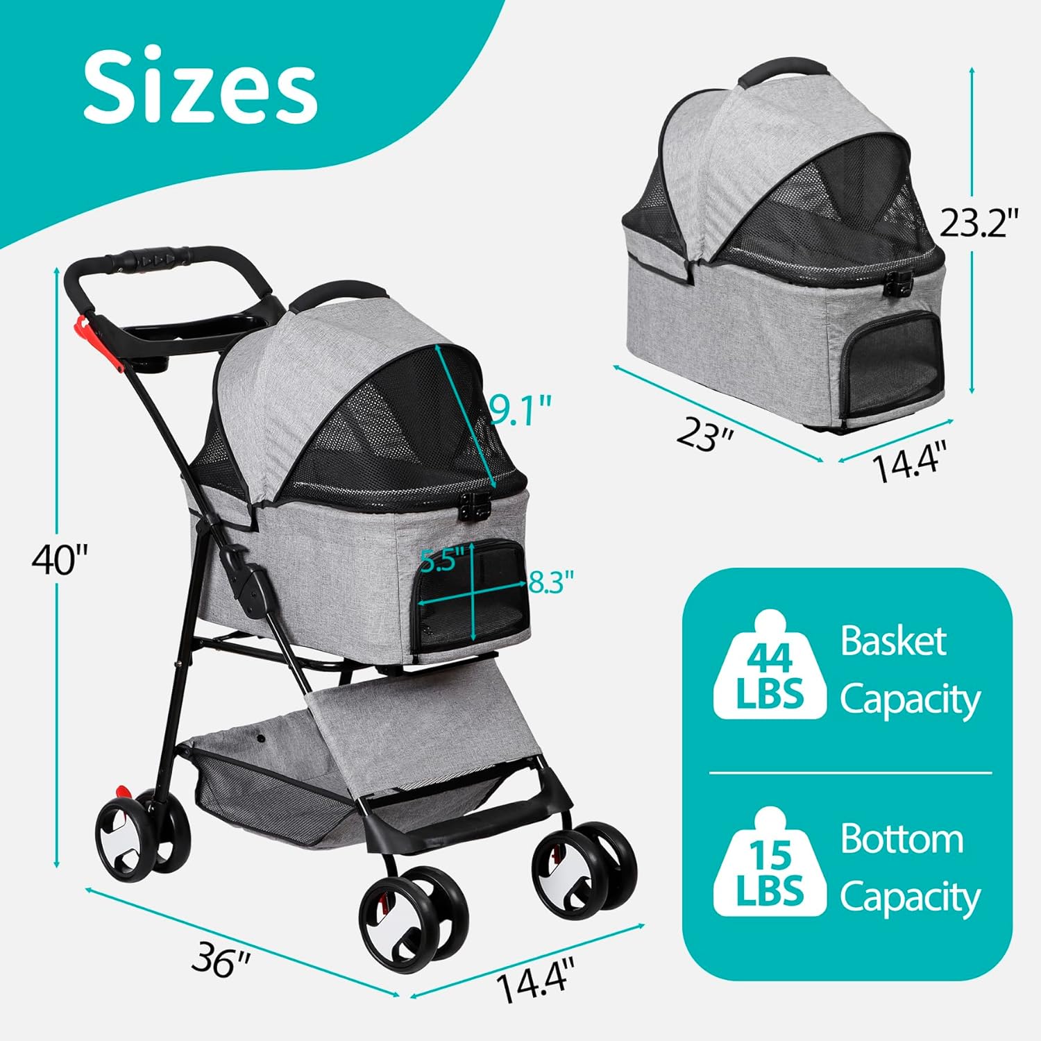 Pet Stroller 4 Wheels Dog Cat Stroller for Small Medium Dog Cats Carrier Jogger Travel Foldable Puppy Stroller with Detachable Carrier - Image 6