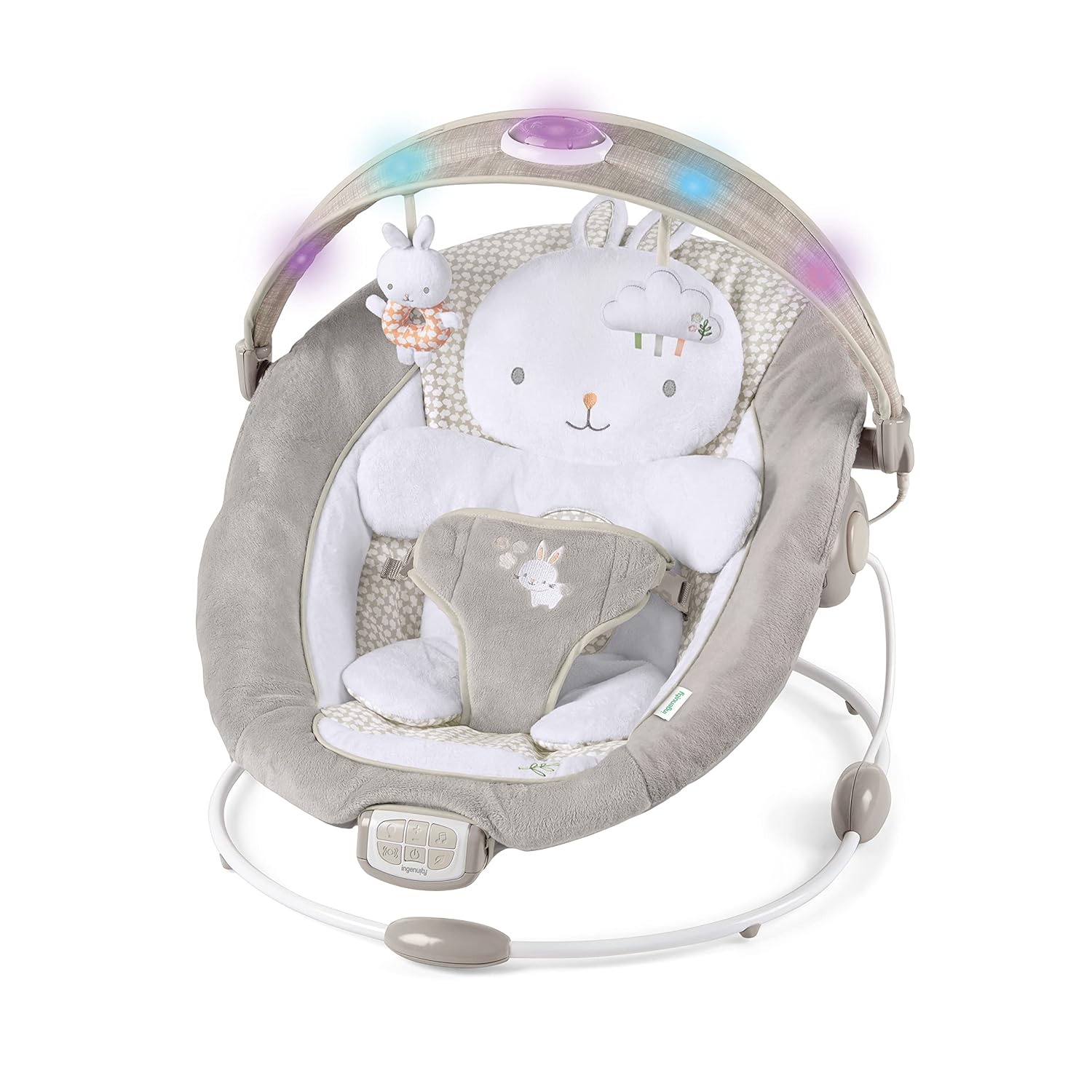Ingenuity InLighten Baby Bouncer Infant Seat with Light Up -Toy Bar, Vibrations, Tummy Time Pillow & Sounds, 0-6 Months Up to 20 lbs (Twinkle Tails Bunny) - Image 2