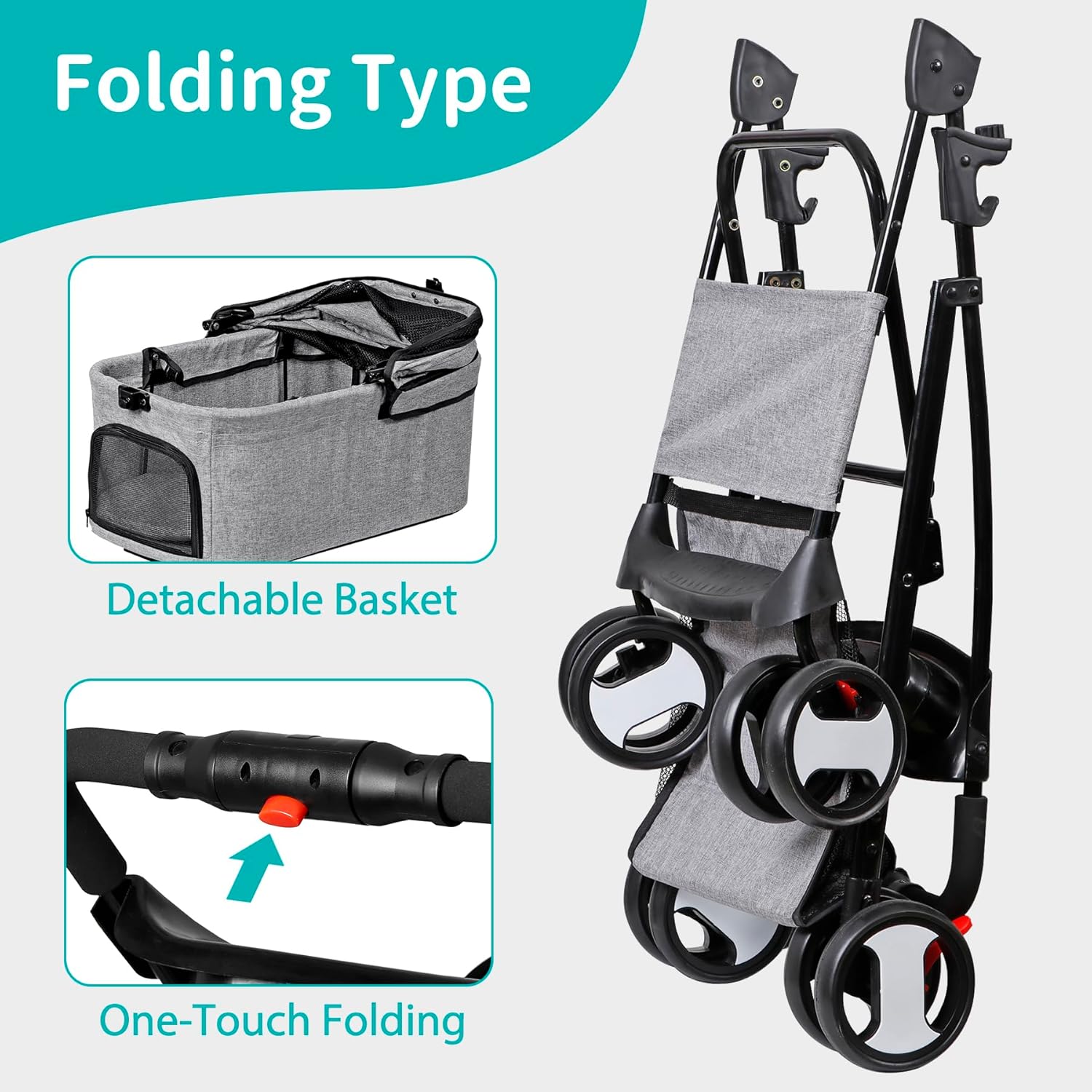Pet Stroller 4 Wheels Dog Cat Stroller for Small Medium Dog Cats Carrier Jogger Travel Foldable Puppy Stroller with Detachable Carrier - Image 5