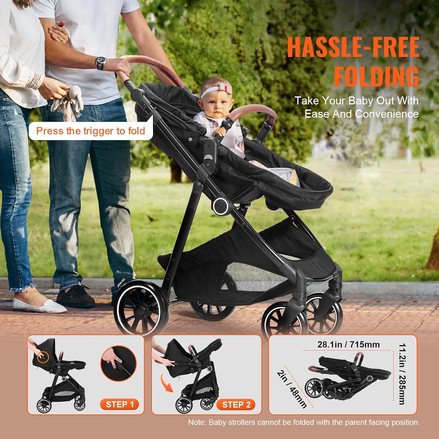 VEVOR Standard Baby Stroller, Infant Toddler Stroller with Bassinet, 3rd-Gear Adjustable Backrest & Foldable & Reversible Seat, Carbon Steel Newborn Stroller with Leg Cover and Mesh Net, Black - Image 4