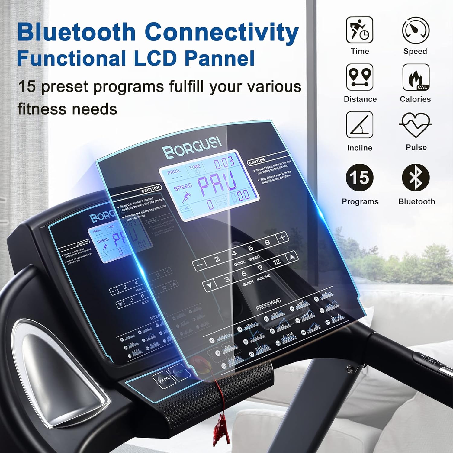 15% Auto Incline Treadmill with Bluetooth Speaker, 20" Wide 3.5HP Folding Electric Treadmill with LCD Display Easy Assembly Running Walking Exercise Machine for Home Use, 350 LBS Capacity - Image 5