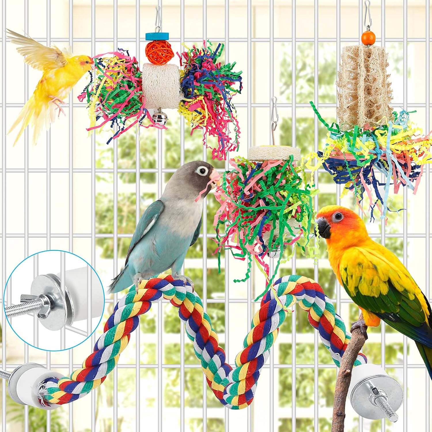 Bird Toys Bird Shredding Foraging Toys Parakeet Toy Chewing Hanging Toy Bird Shredded Paper Bird Cage Accessories Bird Rope Perch for Conure Cockatiel Budgies Lovebird Parrotlet (Without Rope Perch) - Image 5
