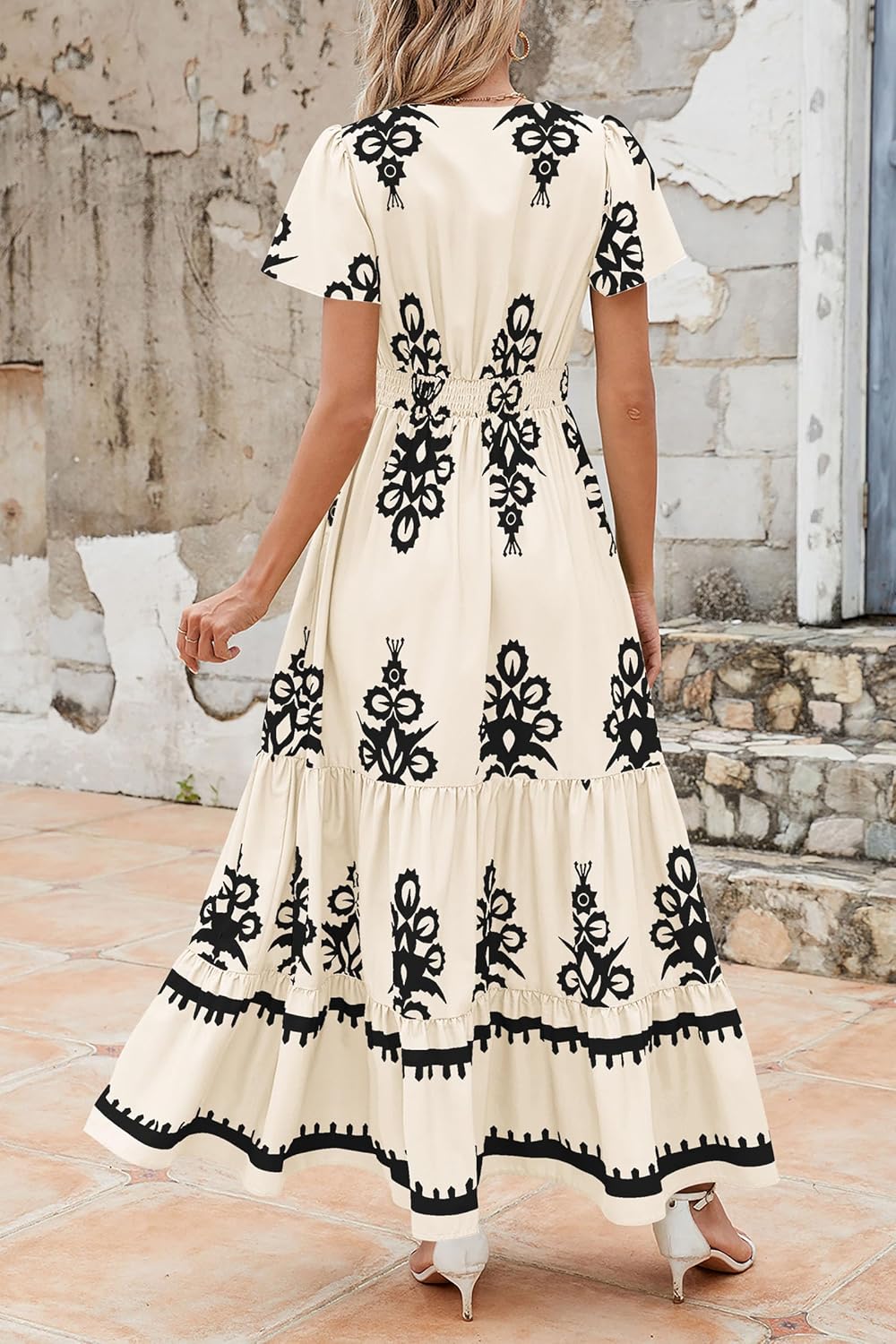 PRETTYGARDEN Womens Summer Casual V Neck Boho Maxi Dress Flowy Aline Bell Sleeve Tiered Floral Dresses with Pocket - Image 3