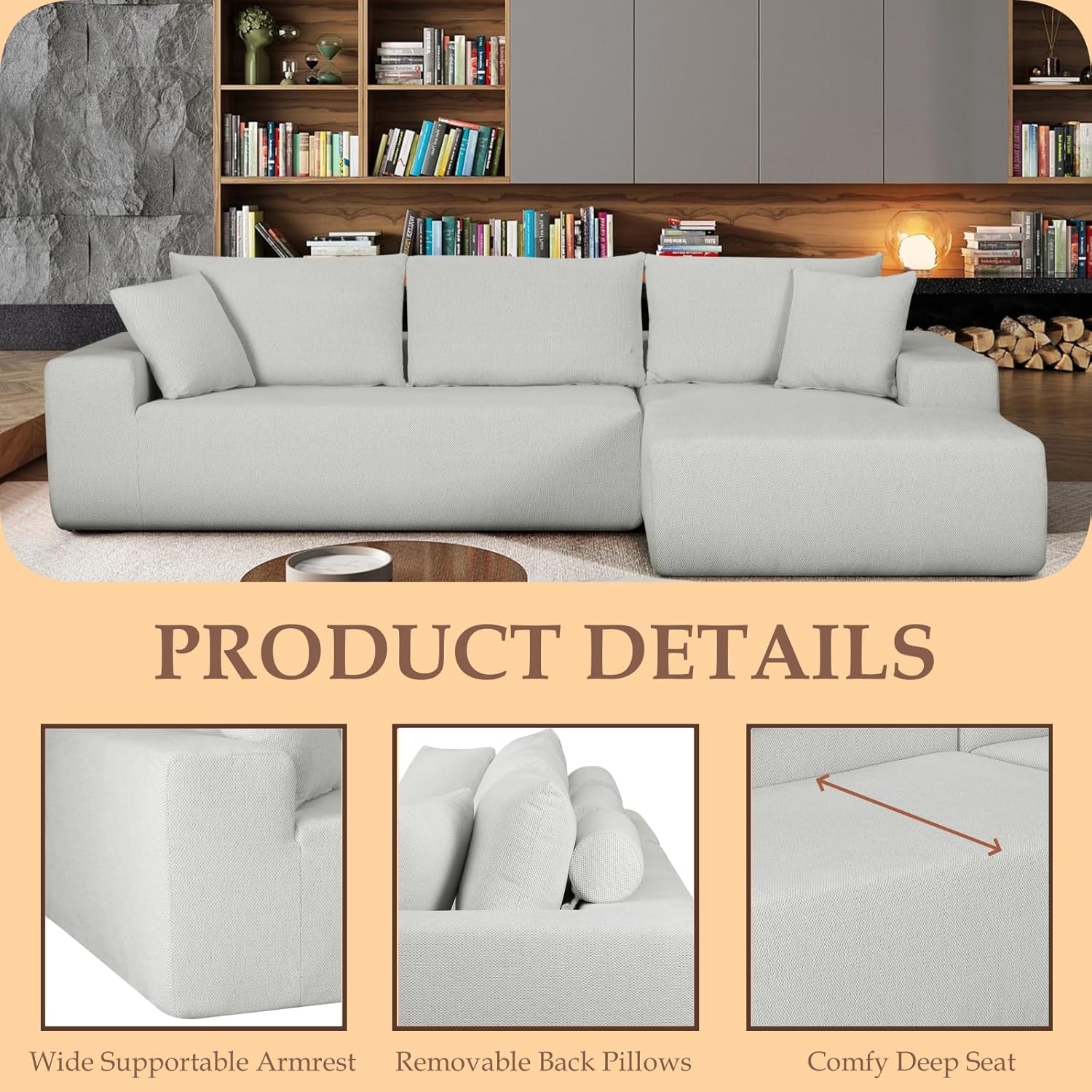 108" Cloud Sectional Couch, Modern Minimalist Modular Sofa with L-Shape Chaise and Deep Seat, Comfy Upholstered Sofa Couch for Living Room Bedroom, No Assembly Required (White, Right Facing) - Image 4