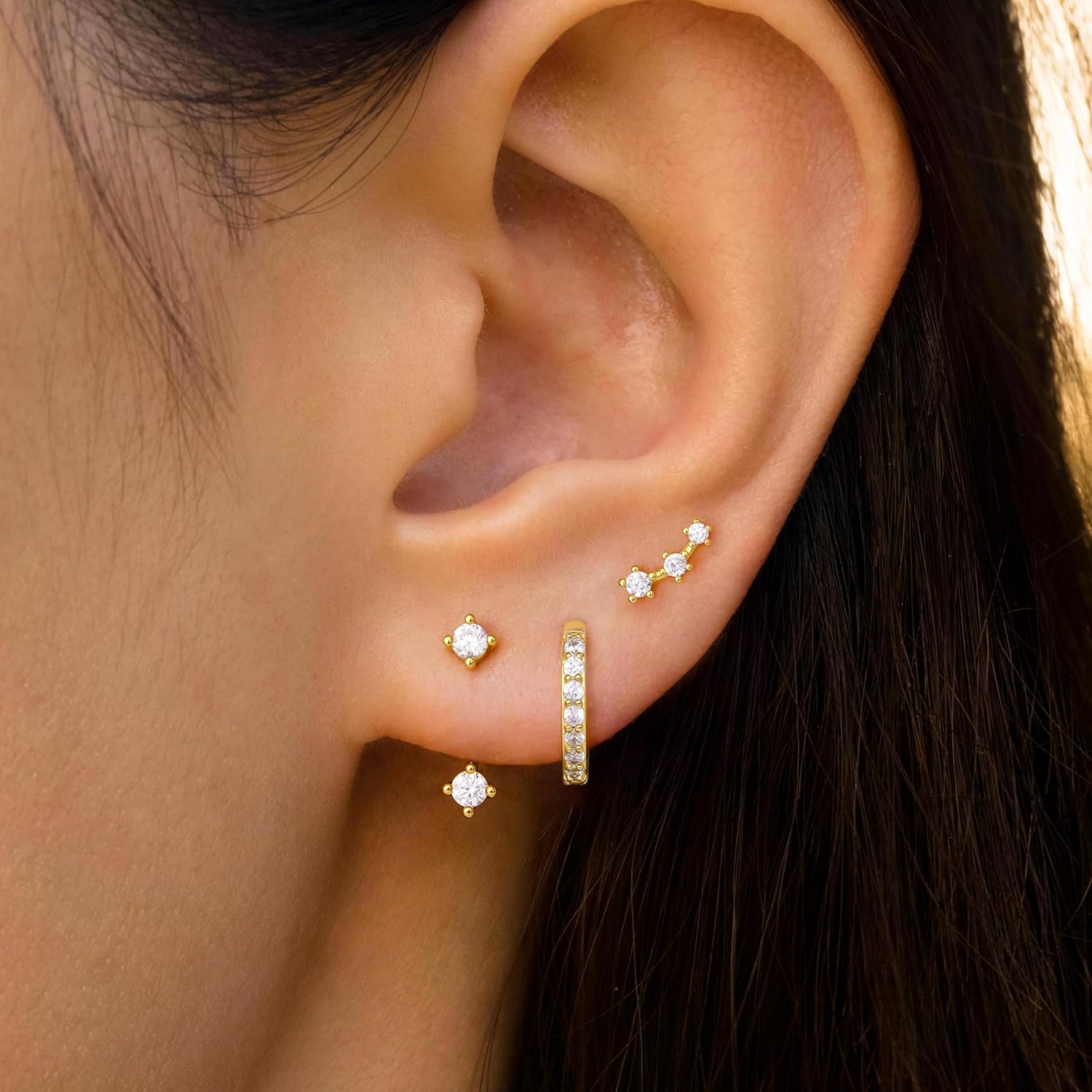 Gold Stud Earrings Set for Women, 3 Pairs Huggie Hoop Jacket Studs Earring Stack, Hypoallergenic 925 Sterling Silver Post Dainty Birthstone Trendy Fashion Jewelry Gifts for Mom - Image 4