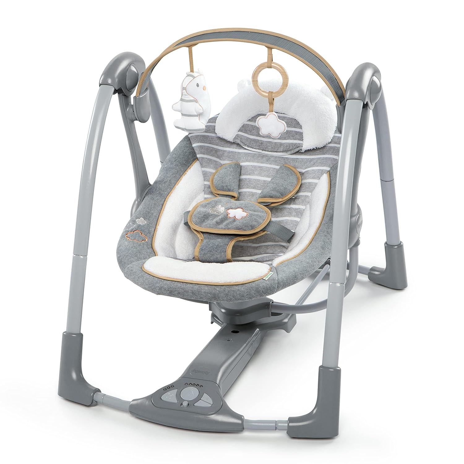 Ingenuity Swing 'n Go Deluxe 5-Speed Baby Swing with Cushioned Harness - Foldable, Portable, 2 Plush Toys & Sounds, 0-9 Months 6-20 lbs (Bella Teddy) - Image 2