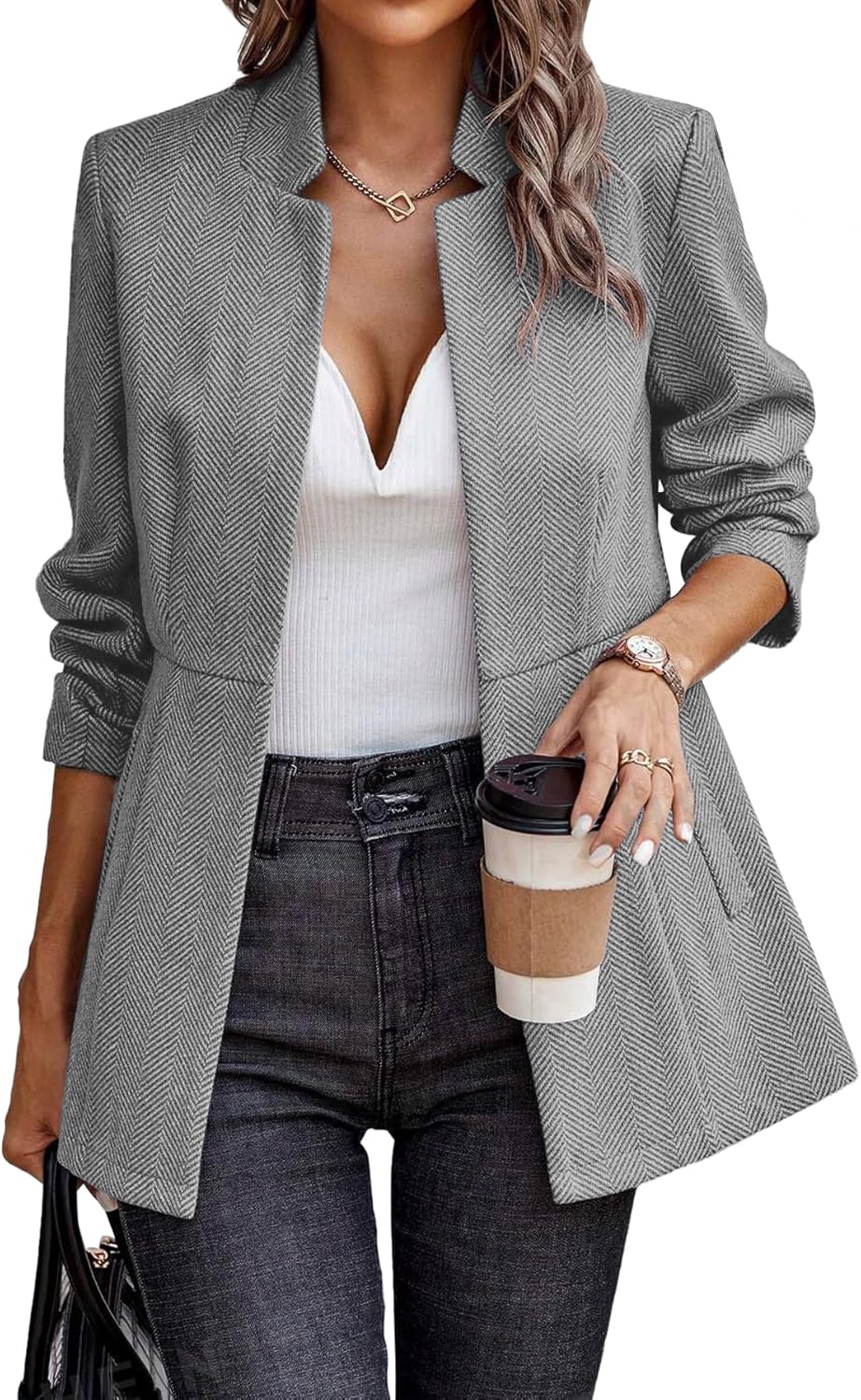 ELLEVEN Women’s Open Front Herringbone Blazer-Business Casual Long Sleeve Work Jacket with Full Lining and Padded Shoulders - Image 2