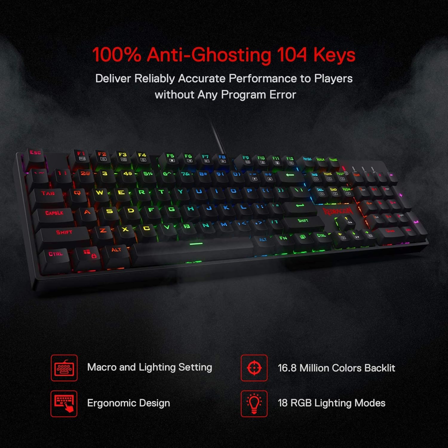 Redragon K582 RGB Mechanical Gaming Keyboard, 100% 104 Keys Standard Layout Gaming Keyboard with Double-Shot ABS Keycaps, Dynamic 16.8M RGB Backlit & Linear Red Switch, Redefine Software Supported - Image 8