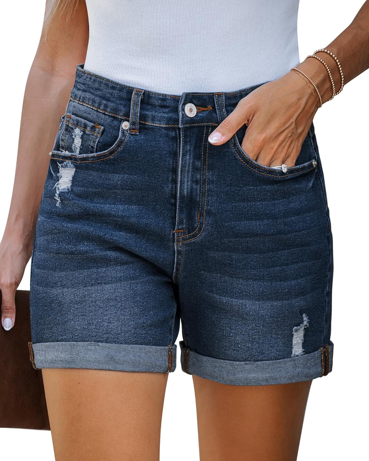 LookbookStore Jean Shorts Womens Stretchy High Waisted Ripped Denim Shorts with Pockets Trendy Distressed Cut Off Shorts - Image 2