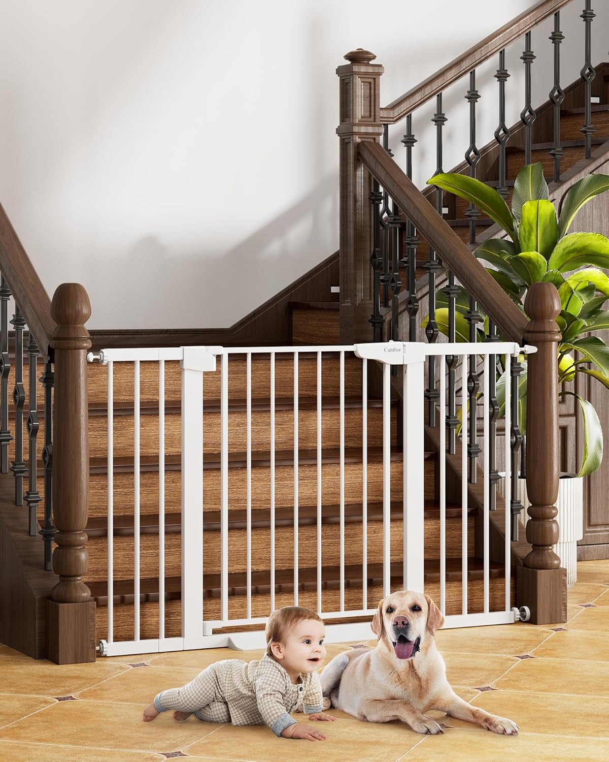 Cumbor 29.7-51.5" Baby Gate Extra Wide, Safety Dog Gate for Stairs, Easy Walk Thru Auto Close Pet Gates for The House, Doorways, Child Gate Includes 4 Wall Cups,White, Mom's Choice Awards Winner - Image 2