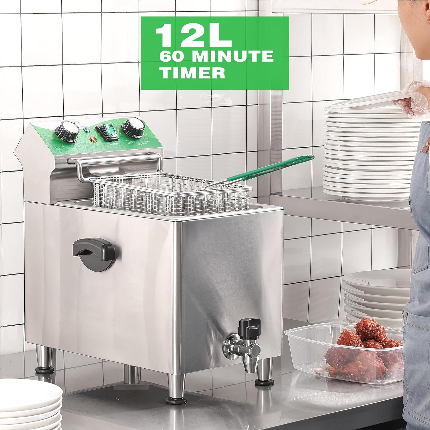 Deep Fryer with Basket and Lid Commercial Fryers with Oil Filtration and Timer 12L/12.7QT Electric Countertop Fryer Stainless Steel Single Tank Fryer for Home and Reastaurant Use 110V 1750W - Image 3