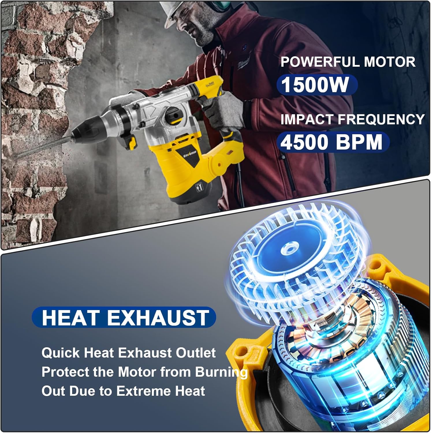 Enventor 1-1/4 Inch SDS-Plus 12.5A Heavy Duty Rotary Hammer Drill for Concrete Stone, Safety Clutch Electric Demolition Hammer Drill with 4 Functions, Vibration Control, Chisels, Drill Bits, Case - Image 4