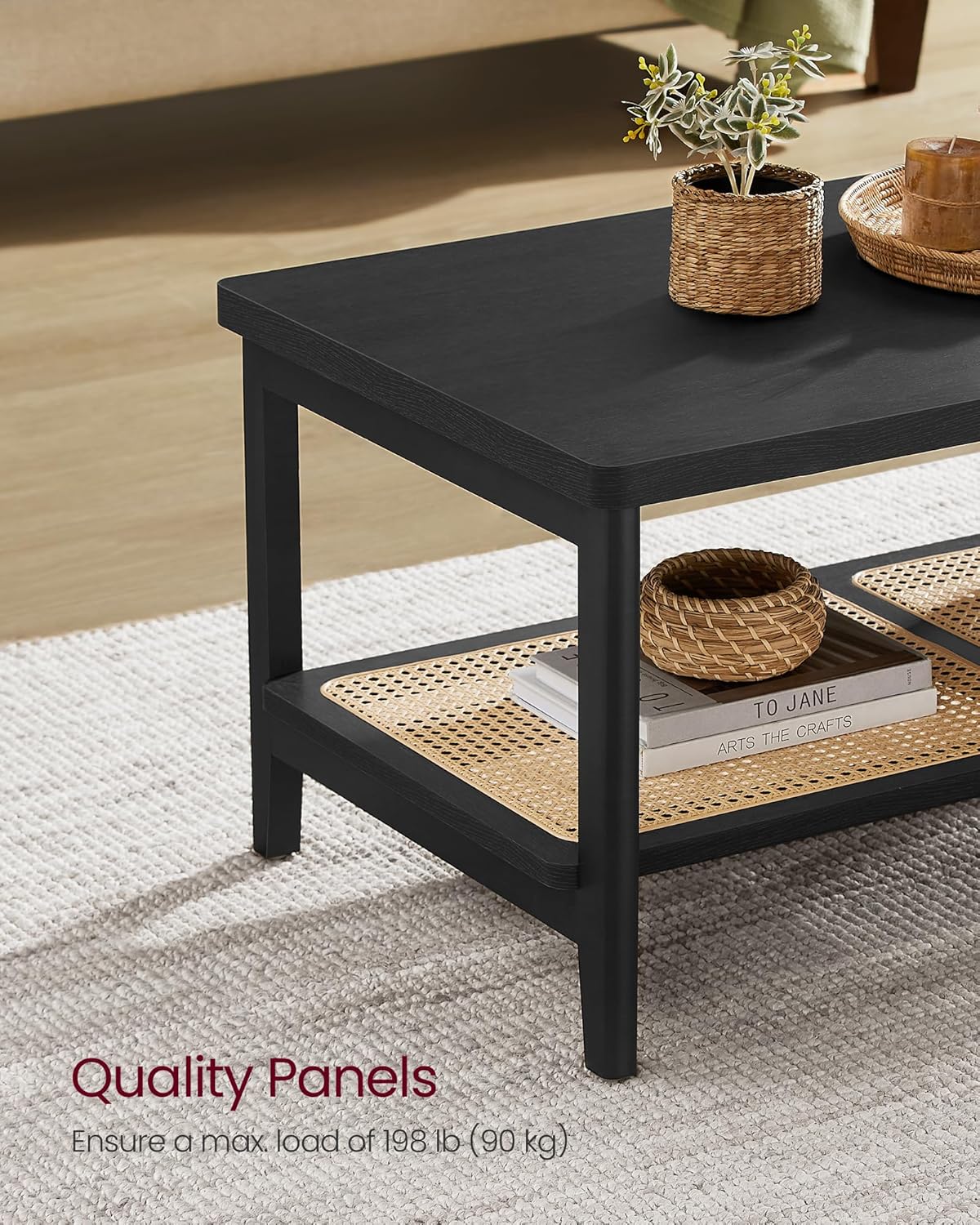 VASAGLE 2-Tier Coffee Table for Living Room, Living Room Table Rectangular Center Table, with PVC Rattan Storage Shelf, Rounded Corners, Easy Assembly, Boho Style, Ash Black ULCT240B21 - Image 7